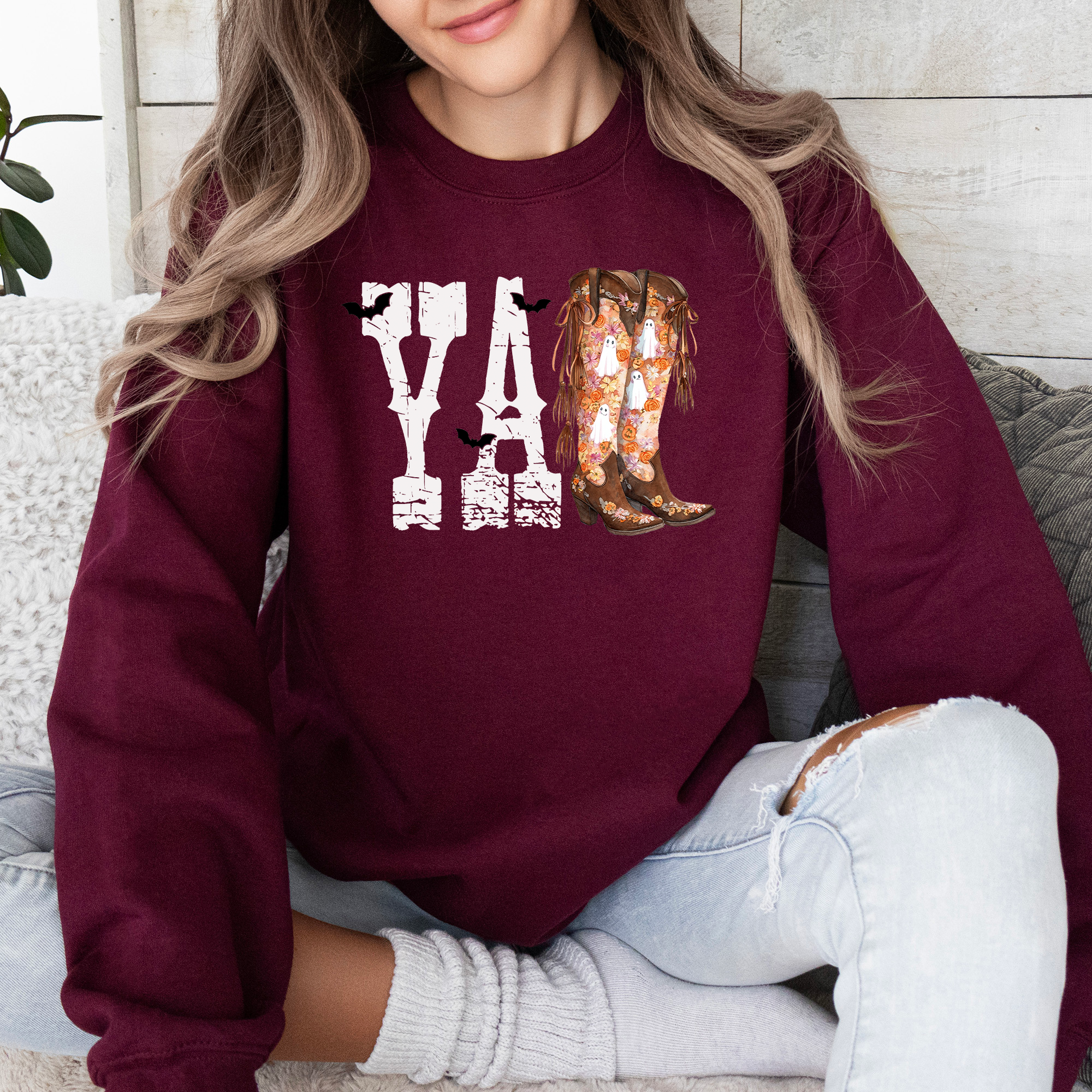 Y'all Cowboy Boots Western Halloween Autumn Floral Sunflower Pumpkin Festive Sweatshirt