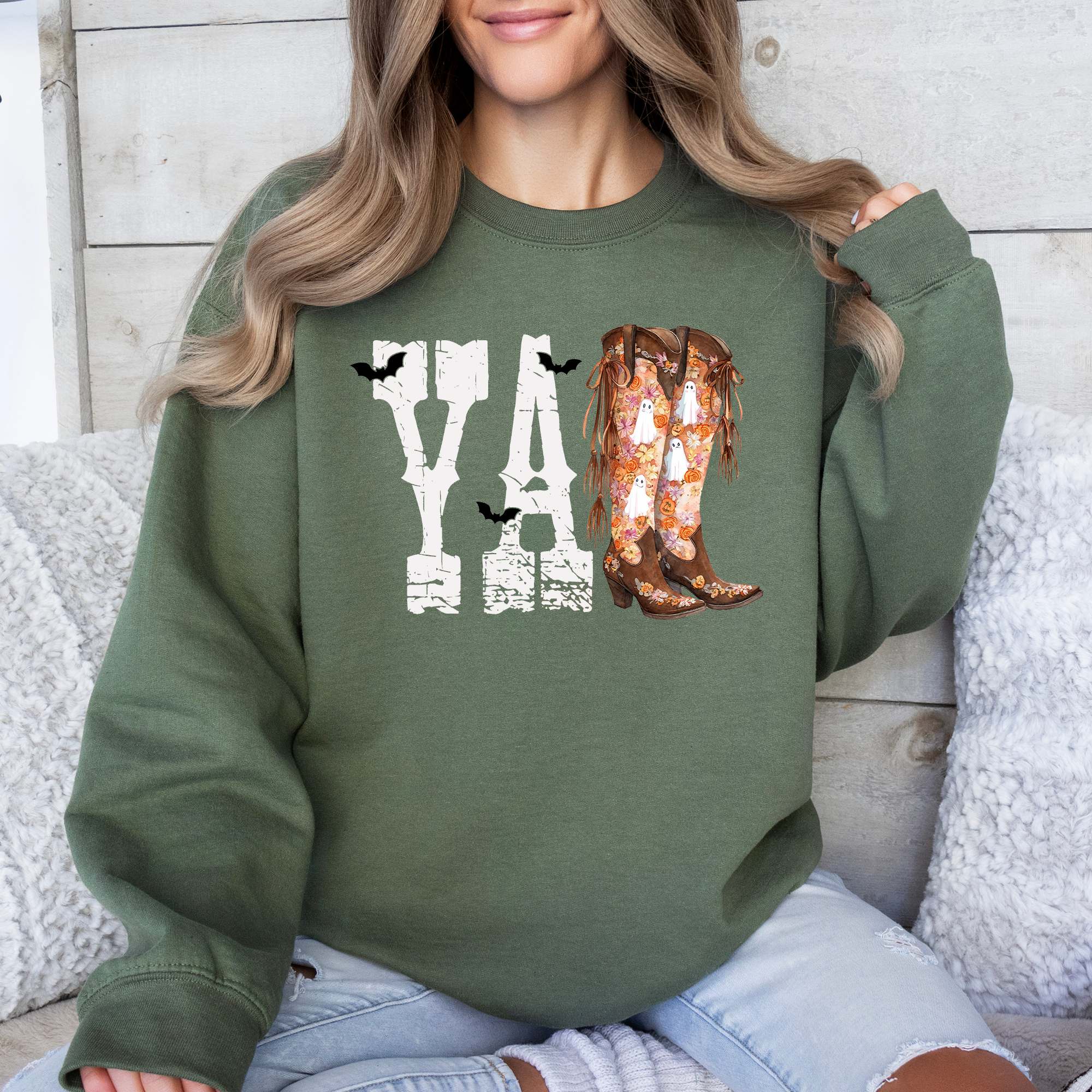Y'all Cowboy Boots Western Halloween Autumn Floral Sunflower Pumpkin Festive Sweatshirt