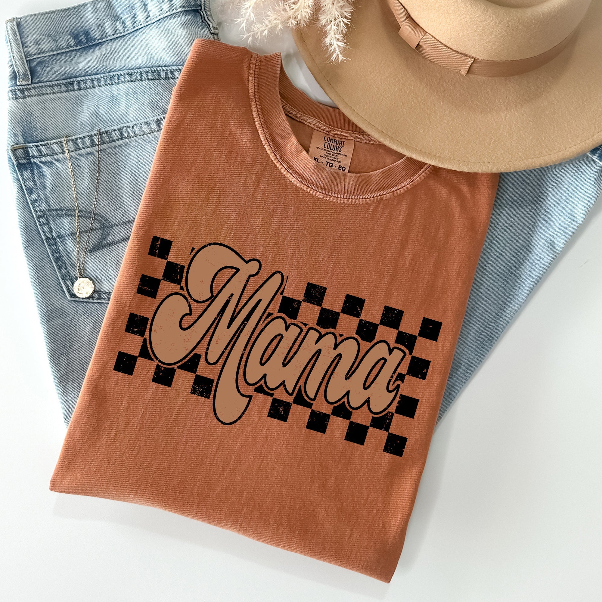 Mama Retro Checkered Vintage Americana Cozy Everyday Timeless Casual Dreamy Comfort Colors Tee