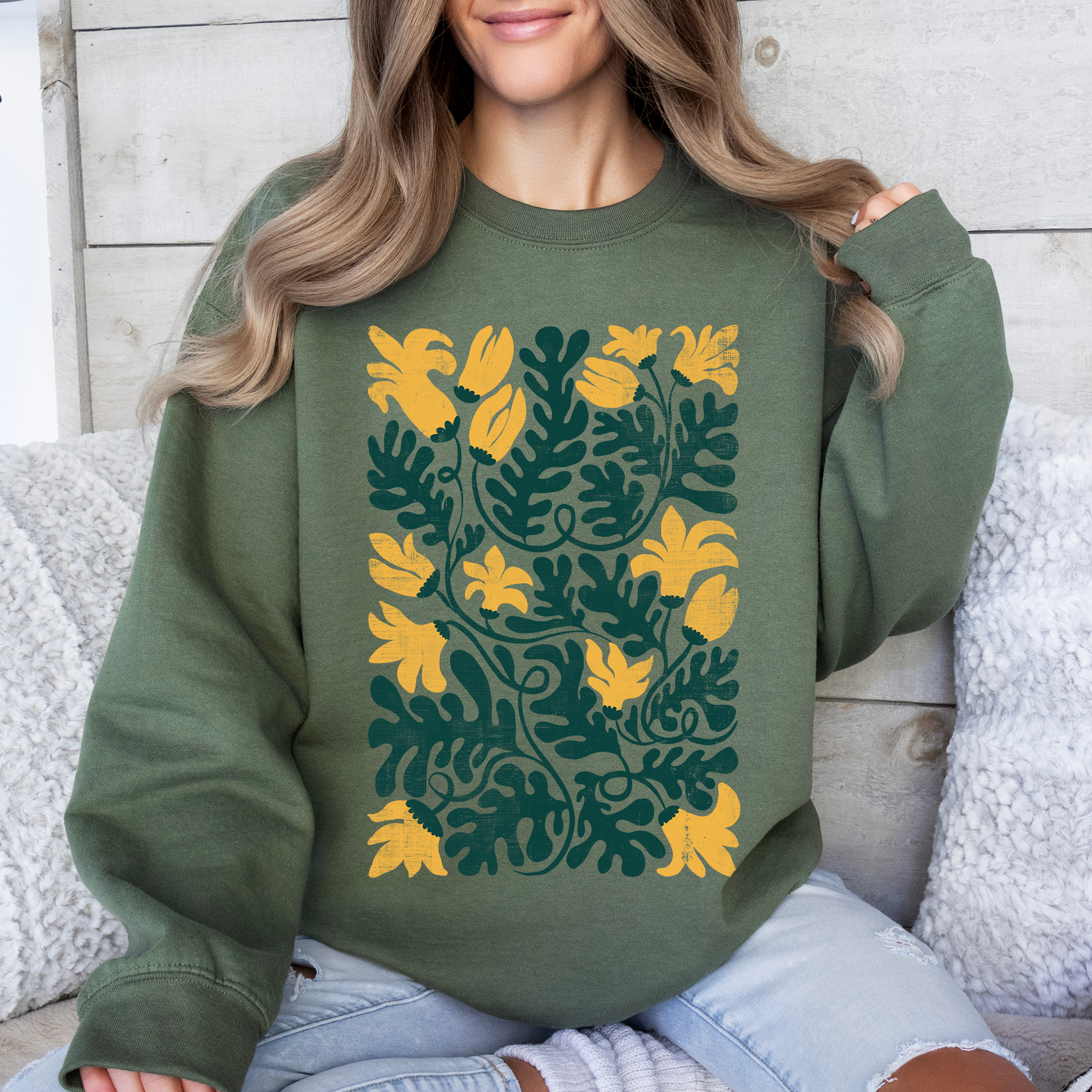 Yellow Floral Leaf Botanical Sunflowers Pumpkins Autumn Vintage Boho Nature Sweatshirt