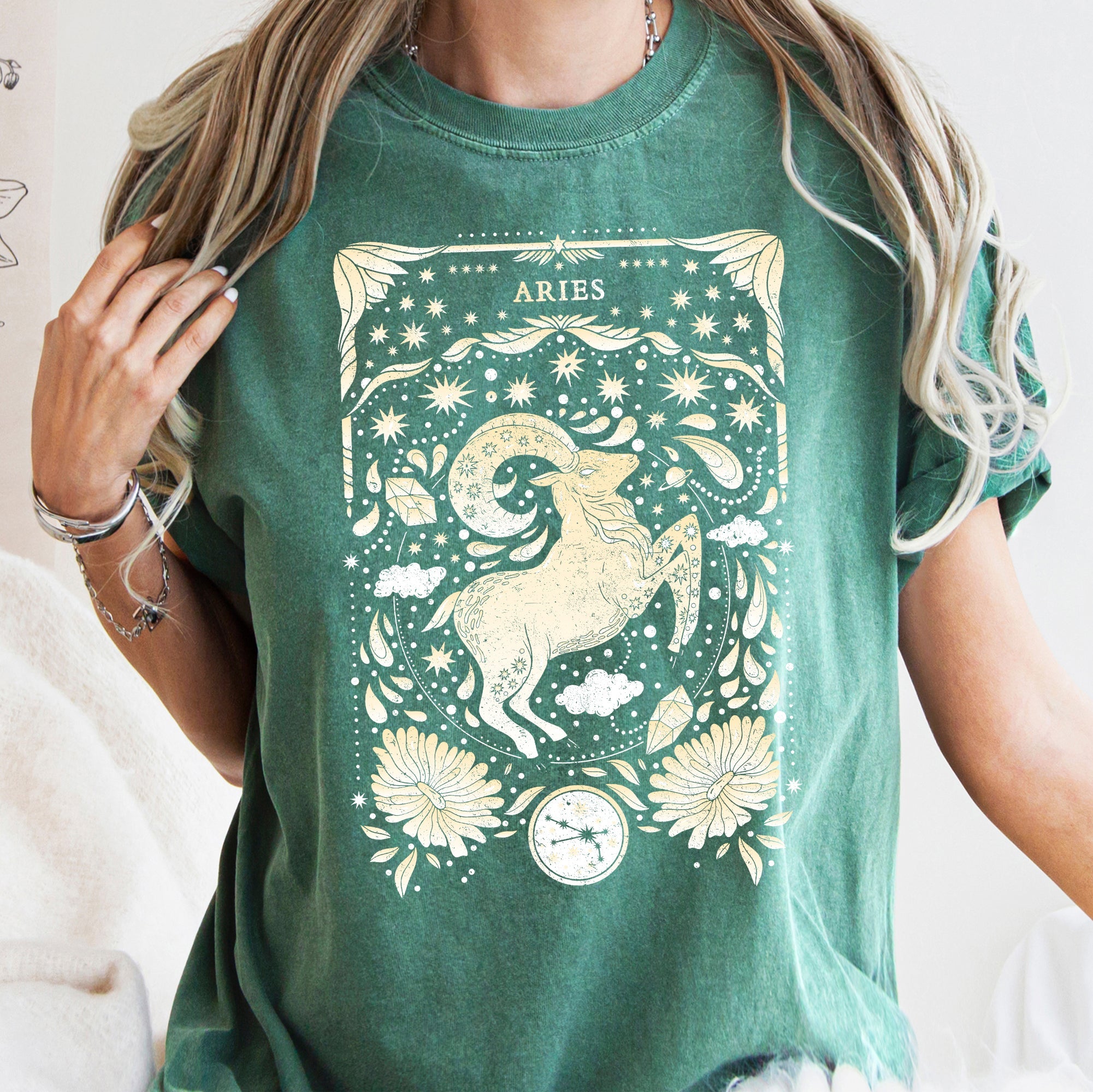 Aries Celestial Zodiac Horoscope Astrology Vintage Inspired Cosmic Sign Emblem Comfort Colors Tee