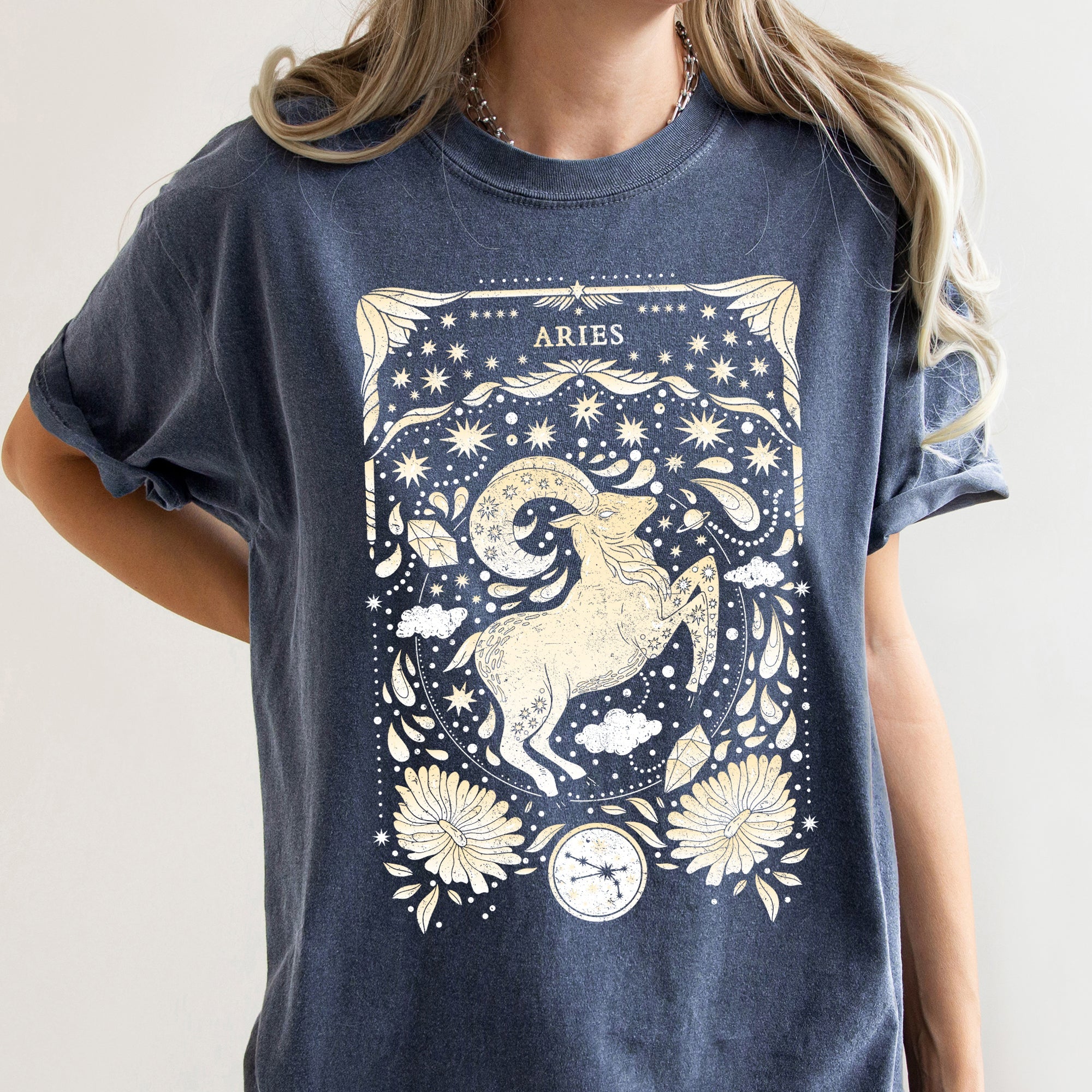 Aries Celestial Zodiac Horoscope Astrology Vintage Inspired Cosmic Sign Emblem Comfort Colors Tee
