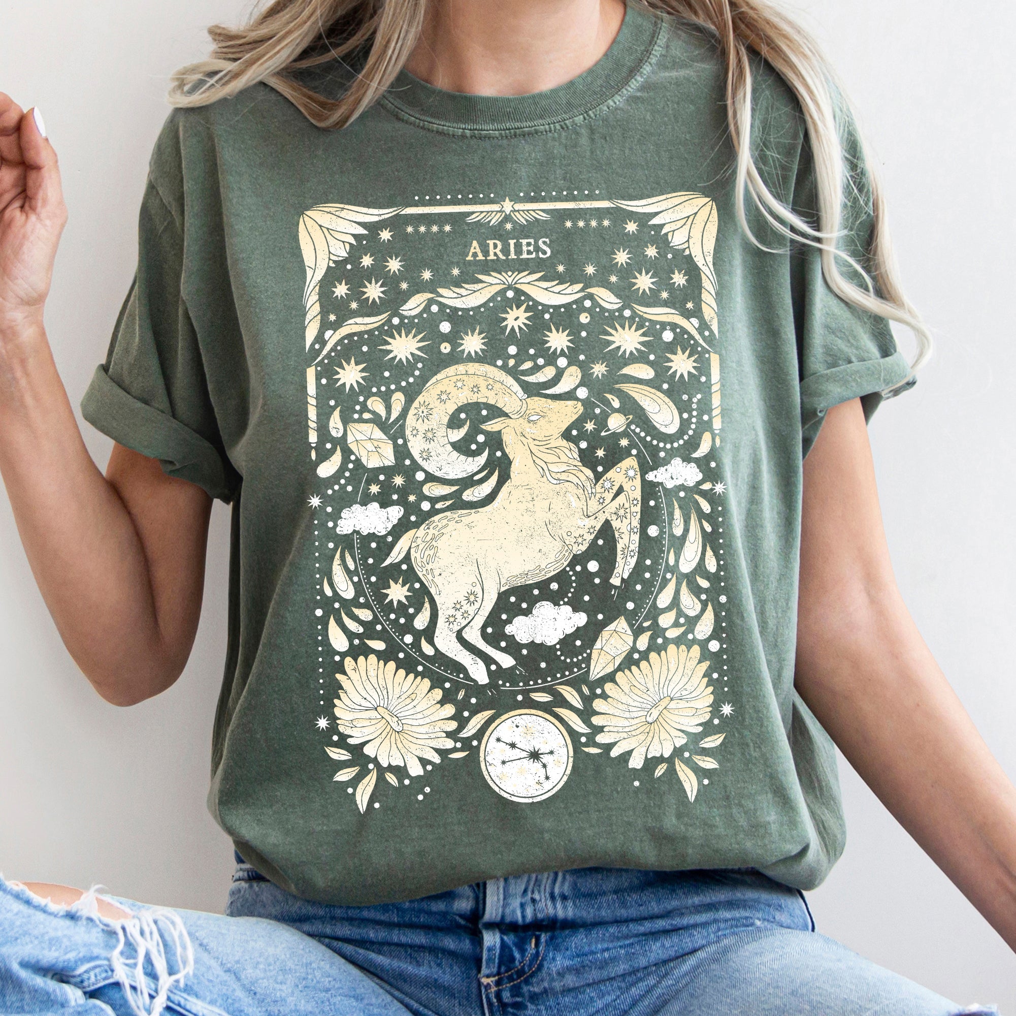 Aries Celestial Zodiac Horoscope Astrology Vintage Inspired Cosmic Sign Emblem Comfort Colors Tee