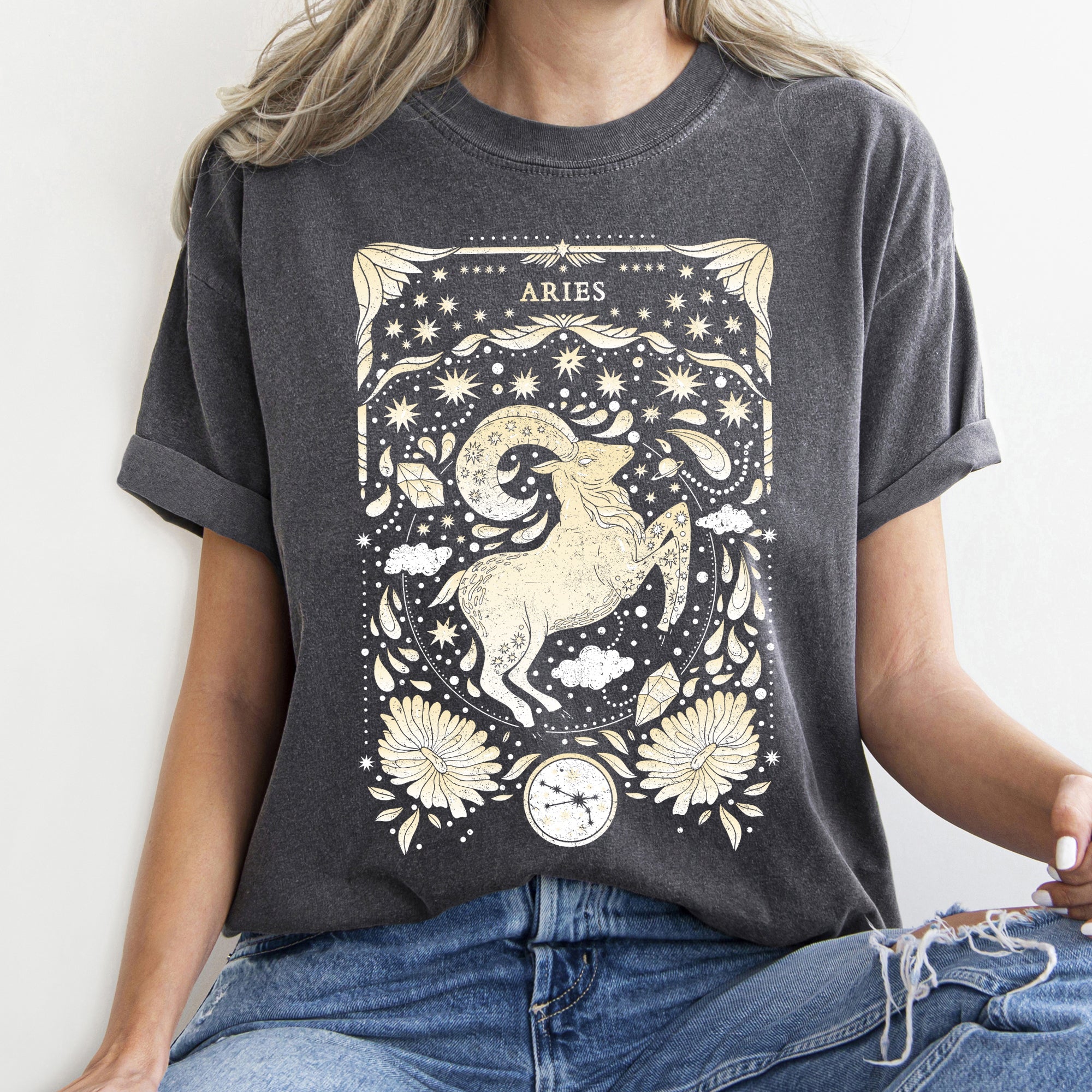 Aries Celestial Zodiac Horoscope Astrology Vintage Inspired Cosmic Sign Emblem Comfort Colors Tee