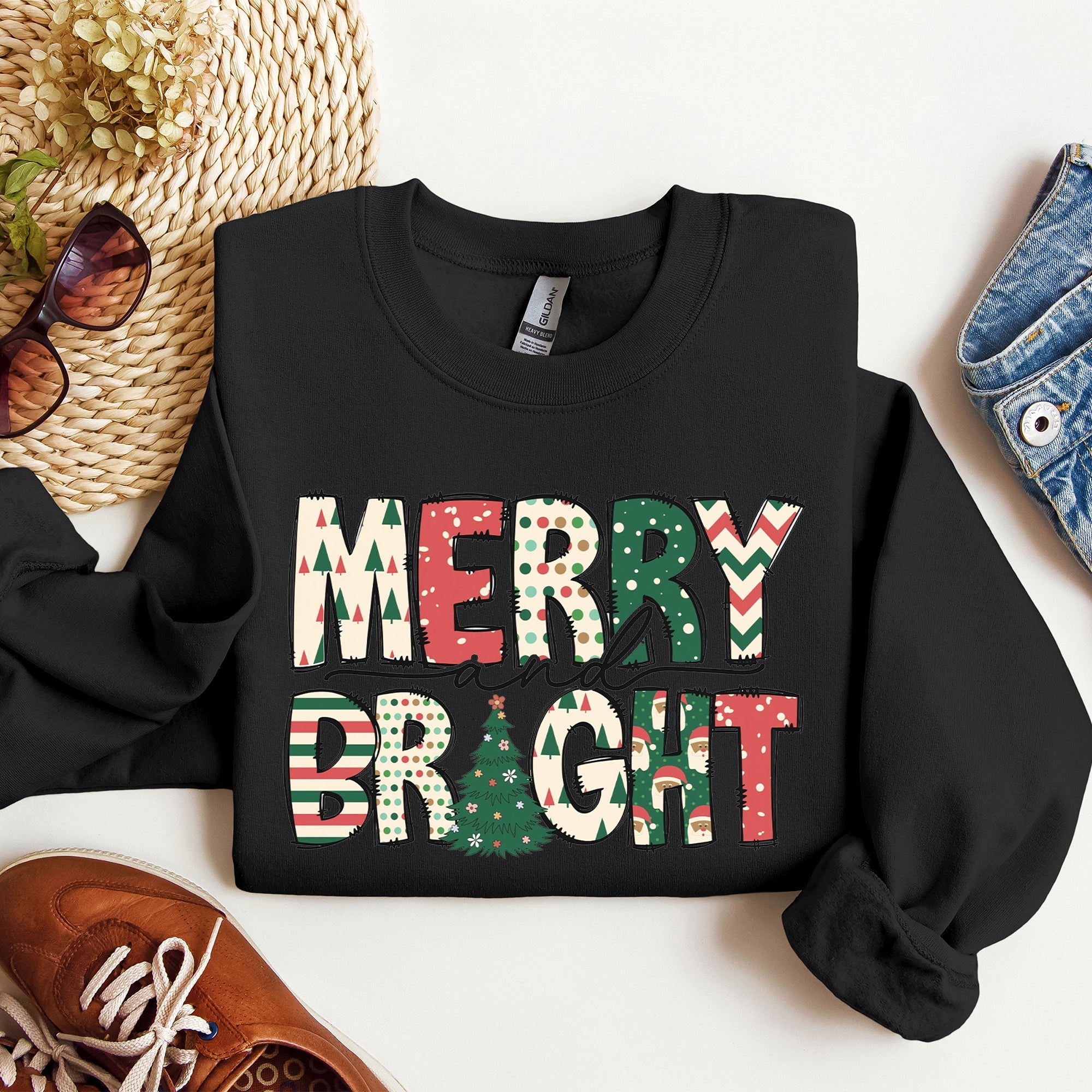 Merry And Bright Christmas Cheer Festive Holiday Lights Snowflake Motif Cozy Cotton Fleece Sweatshirt