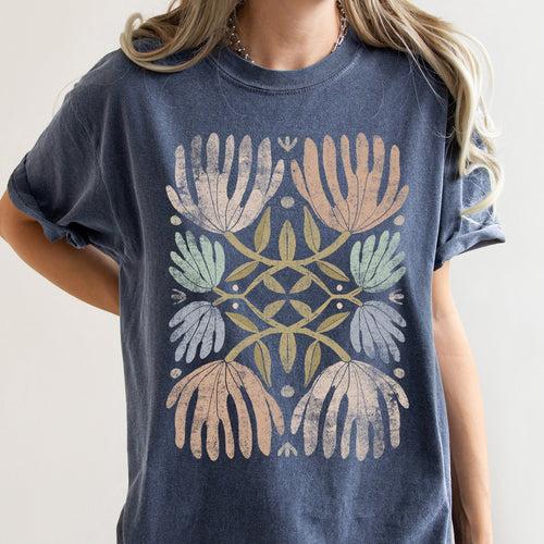 Boho Folk Art Chic Floral Intricate Floral Motif With Rattan Accents Comfort Colors Tee