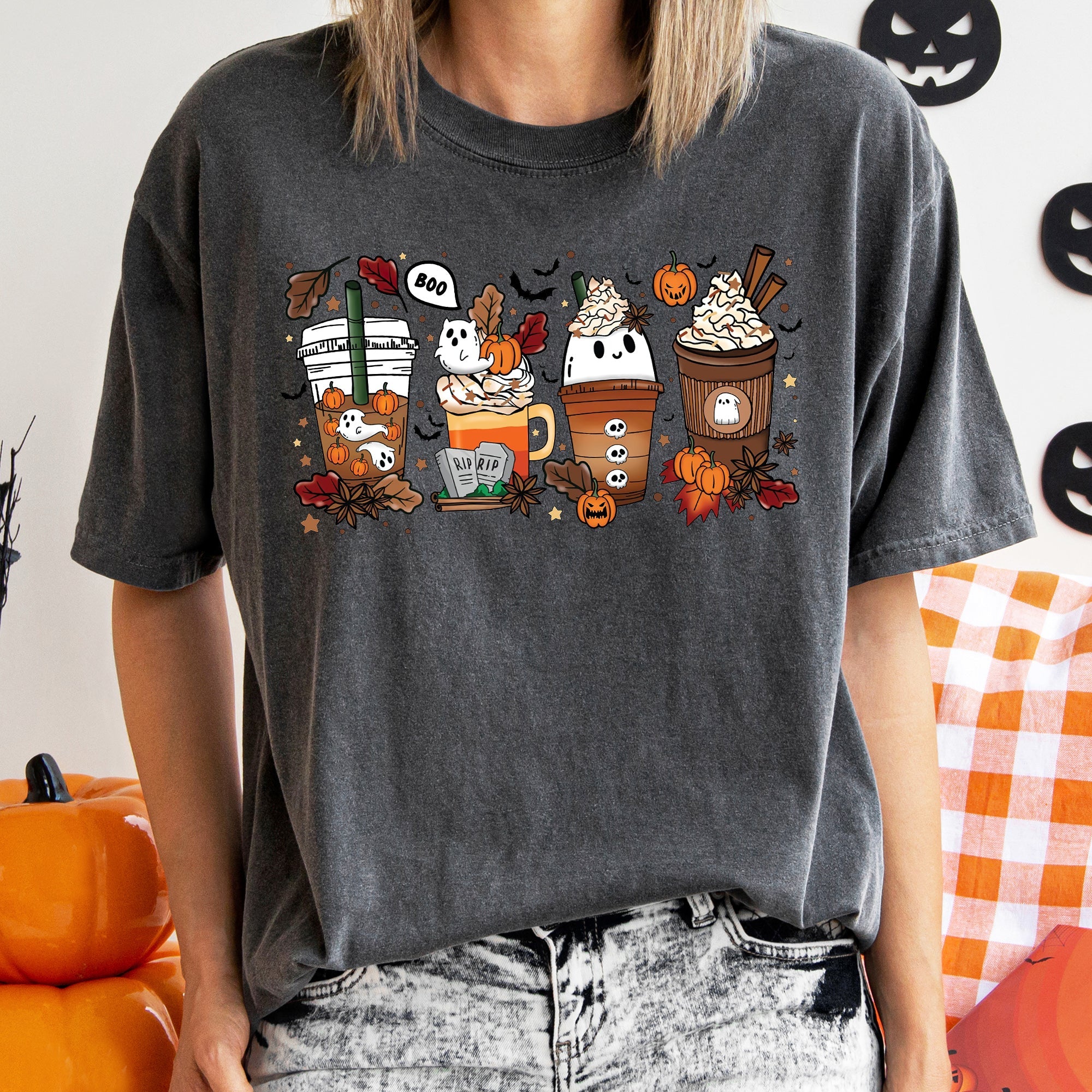 Boo Pumpkin Coffee Vintage Halloween Comfort Colors Tee