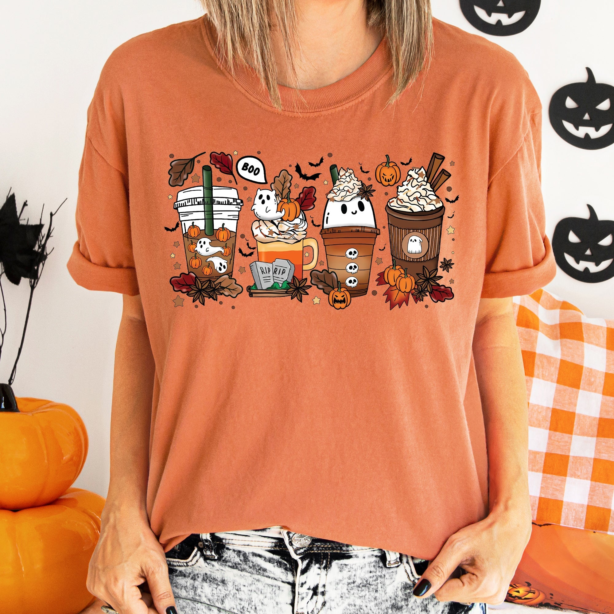Boo Pumpkin Coffee Vintage Halloween Comfort Colors Tee