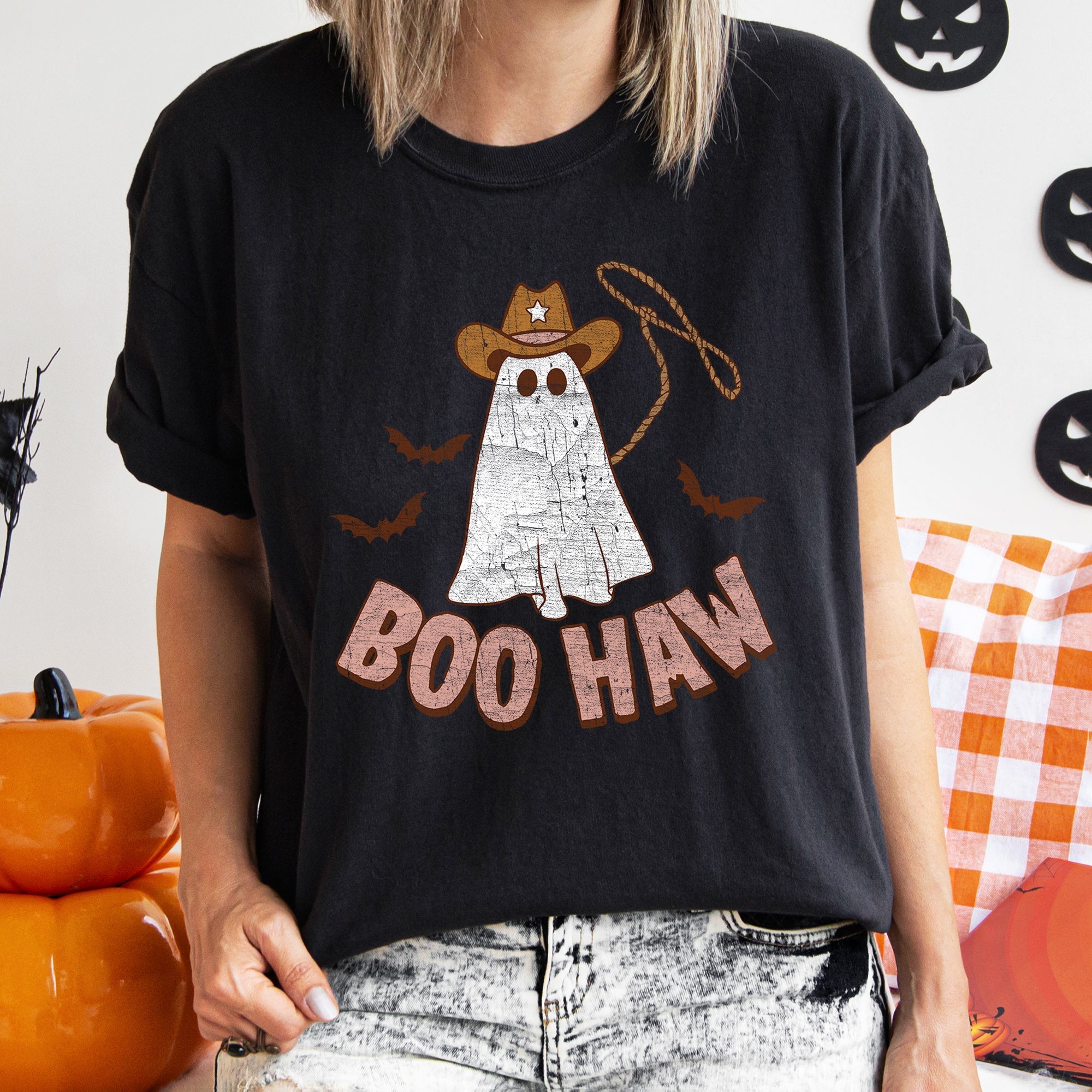 Boo Haw Retro Ghost Halloween Edition Classic Spooktacular Nighttime Display Vintage Style Artwork Comfort Colors Tee