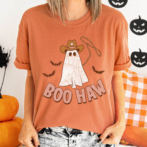 Boo Haw Retro Ghost Halloween Edition Classic Spooktacular Nighttime Display Vintage Style Artwork Comfort Colors Tee