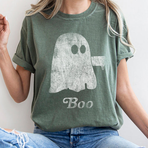 Boo Retro Ghost Spooky Season Vintage Cartoon Print Nostalgic Halloween Charm Limited Edition Comfort Colors Tee