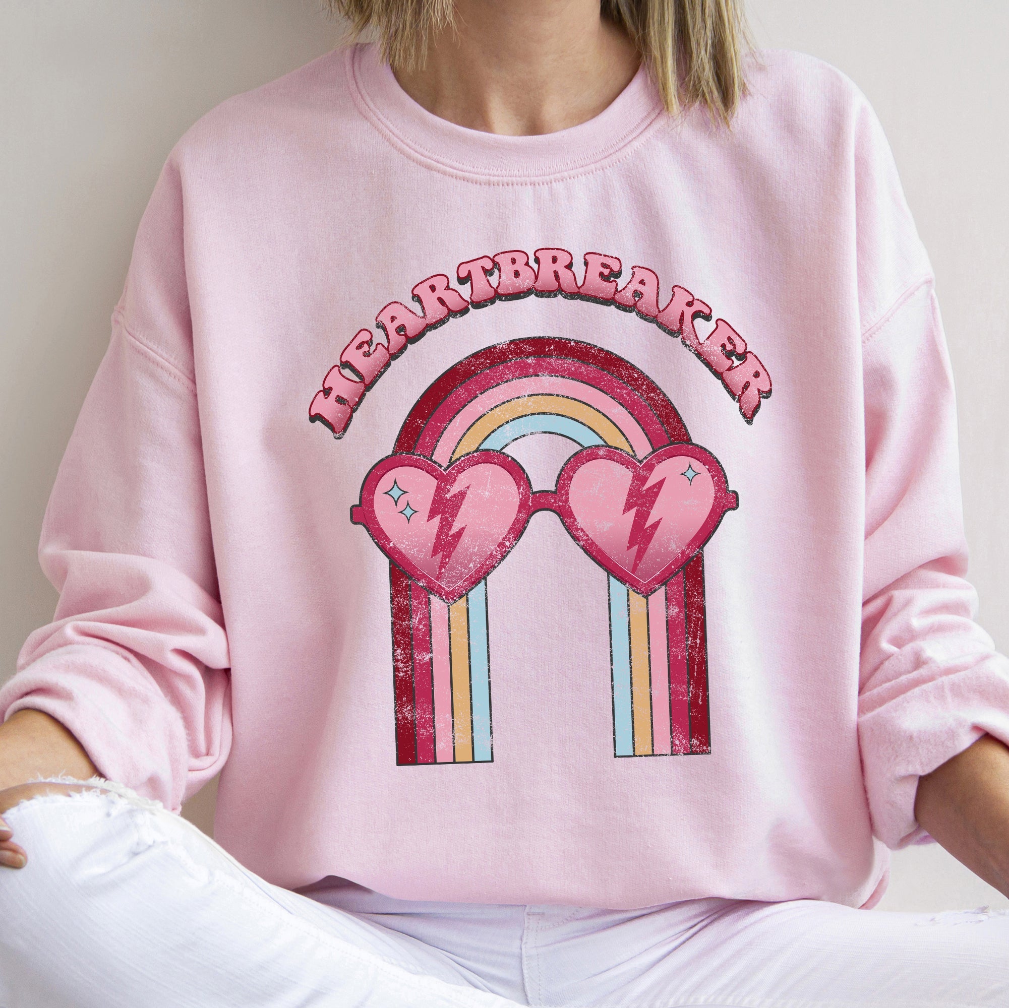 Heart Breaker Love Sunglasses Retro Graphic Statement Cozy Vintage Vibe Valentine's Day Edition Sweatshirt