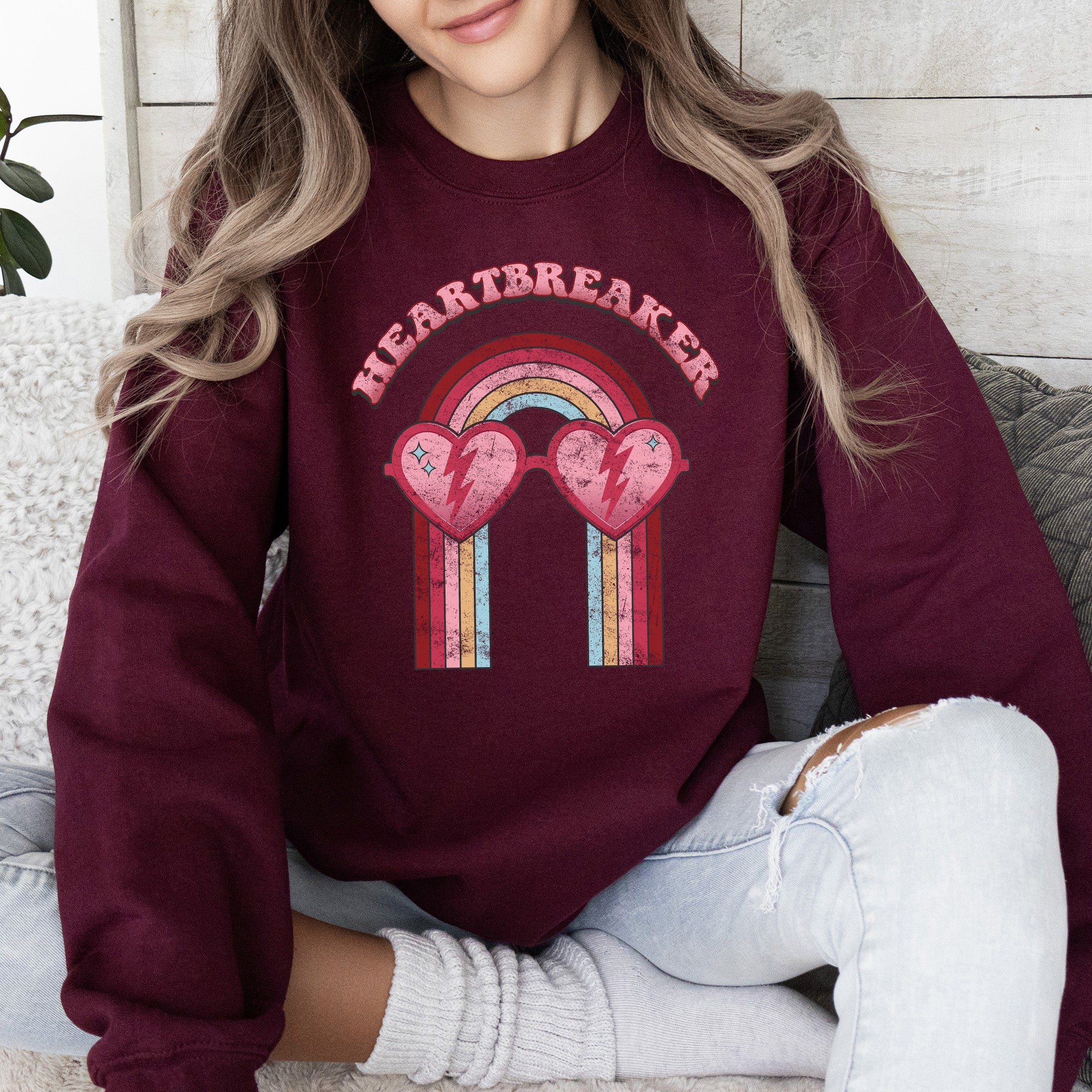 Heart Breaker Love Sunglasses Retro Graphic Statement Cozy Vintage Vibe Valentine's Day Edition Sweatshirt