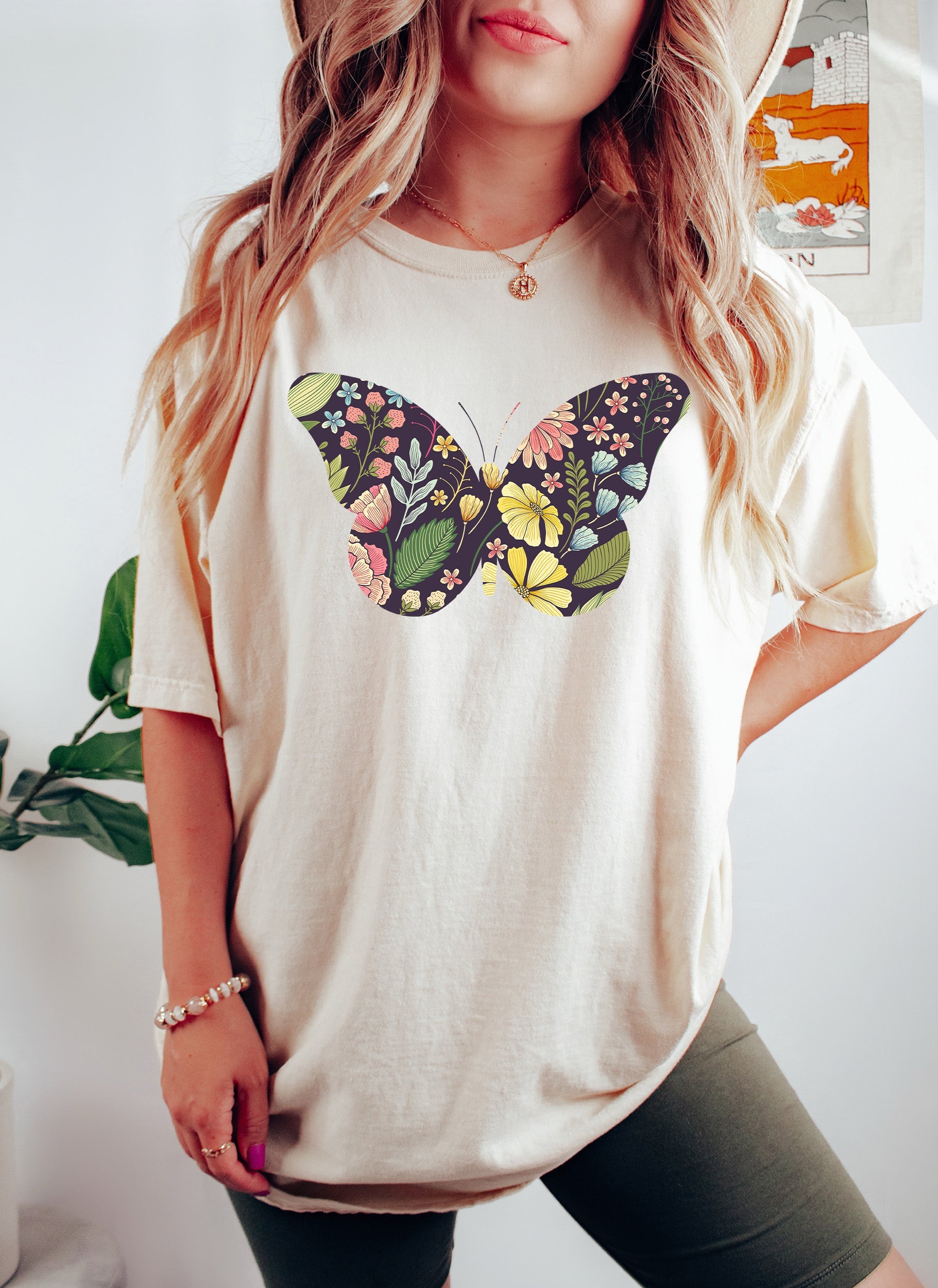 Floral Butterfly Washed Vintage Floral Design Featuring Delicate Petals And Garden Motif Comfort Colors Tee