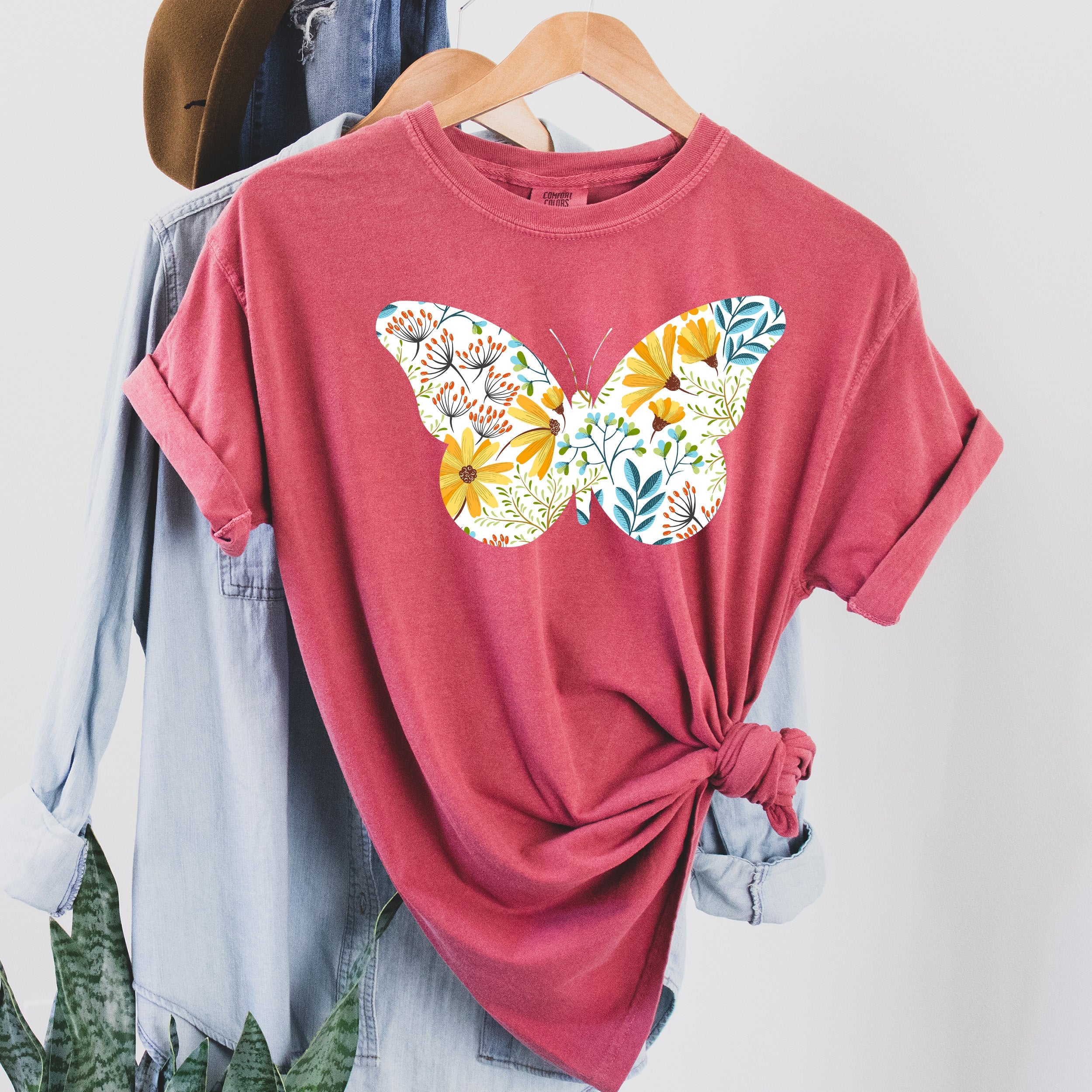 Floral Butterfly Pattern Nature In Bloom Garden Scene Timeless Vintage Inspired Comfort Colors Tee