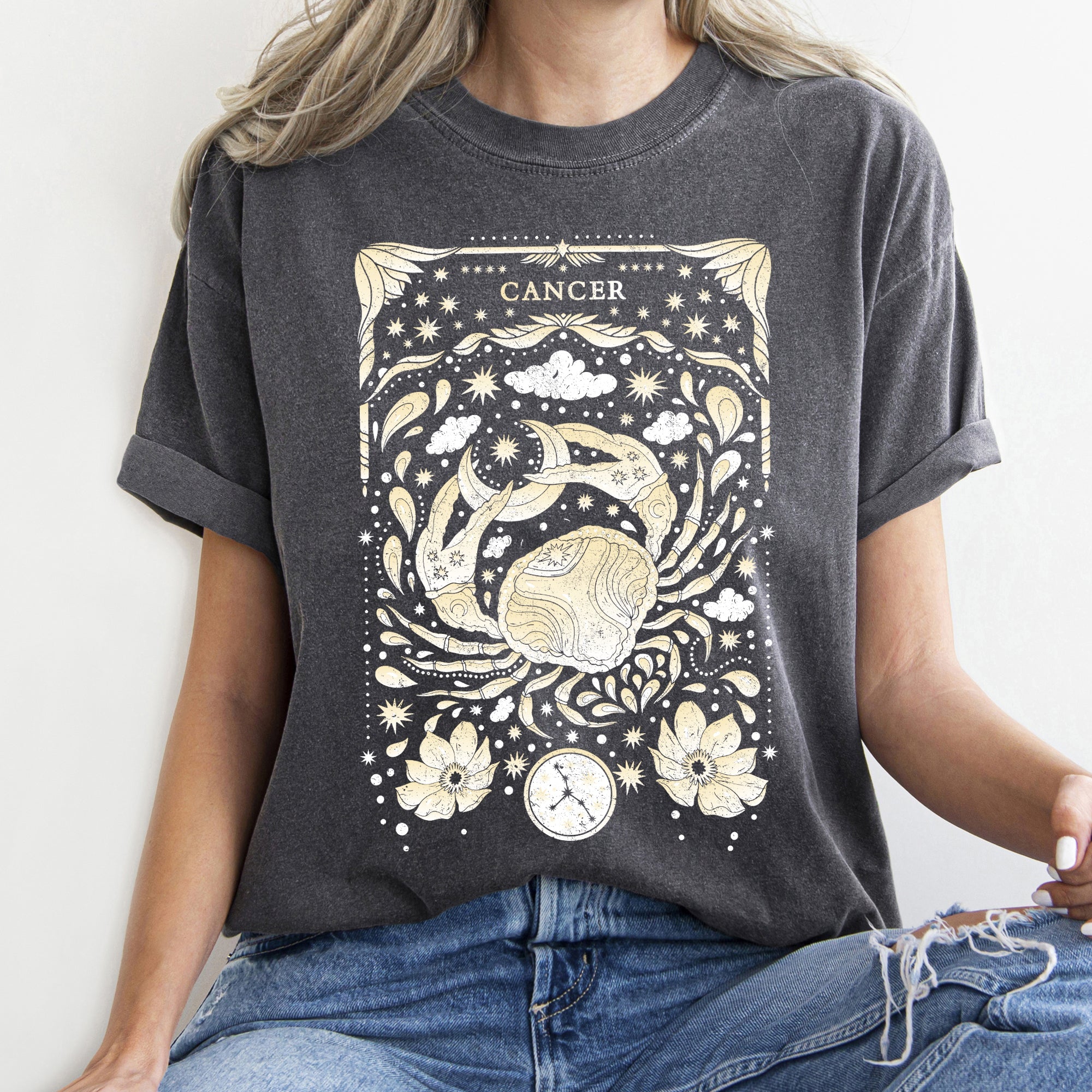 Cancer Celestial Zodiac Horoscope Astrology Vintage Constellation Mystic Comfort Colors Tee