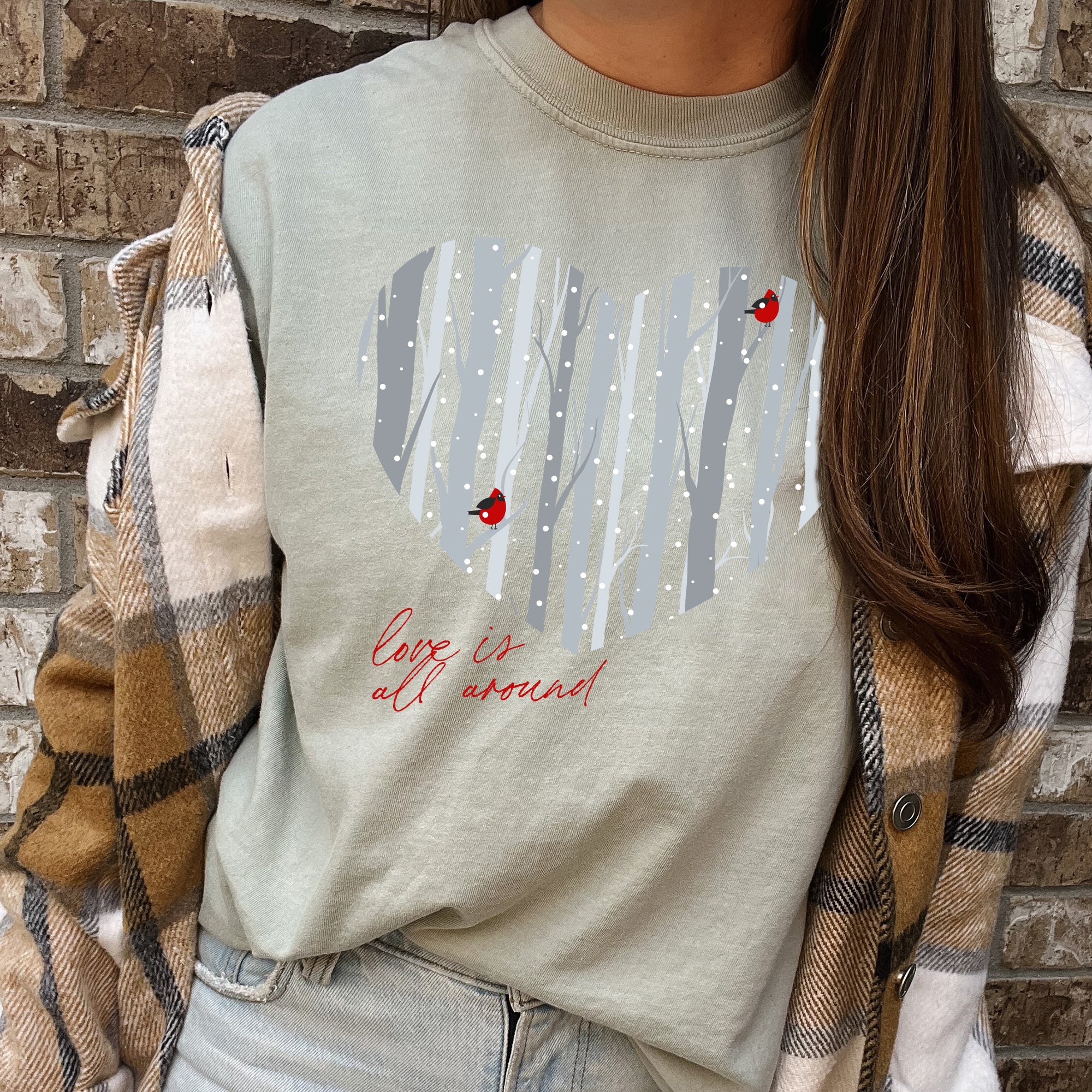 Love Is All Around Winter Forest Cardinal Heart Vintage Inspired Comfort Colors Tee