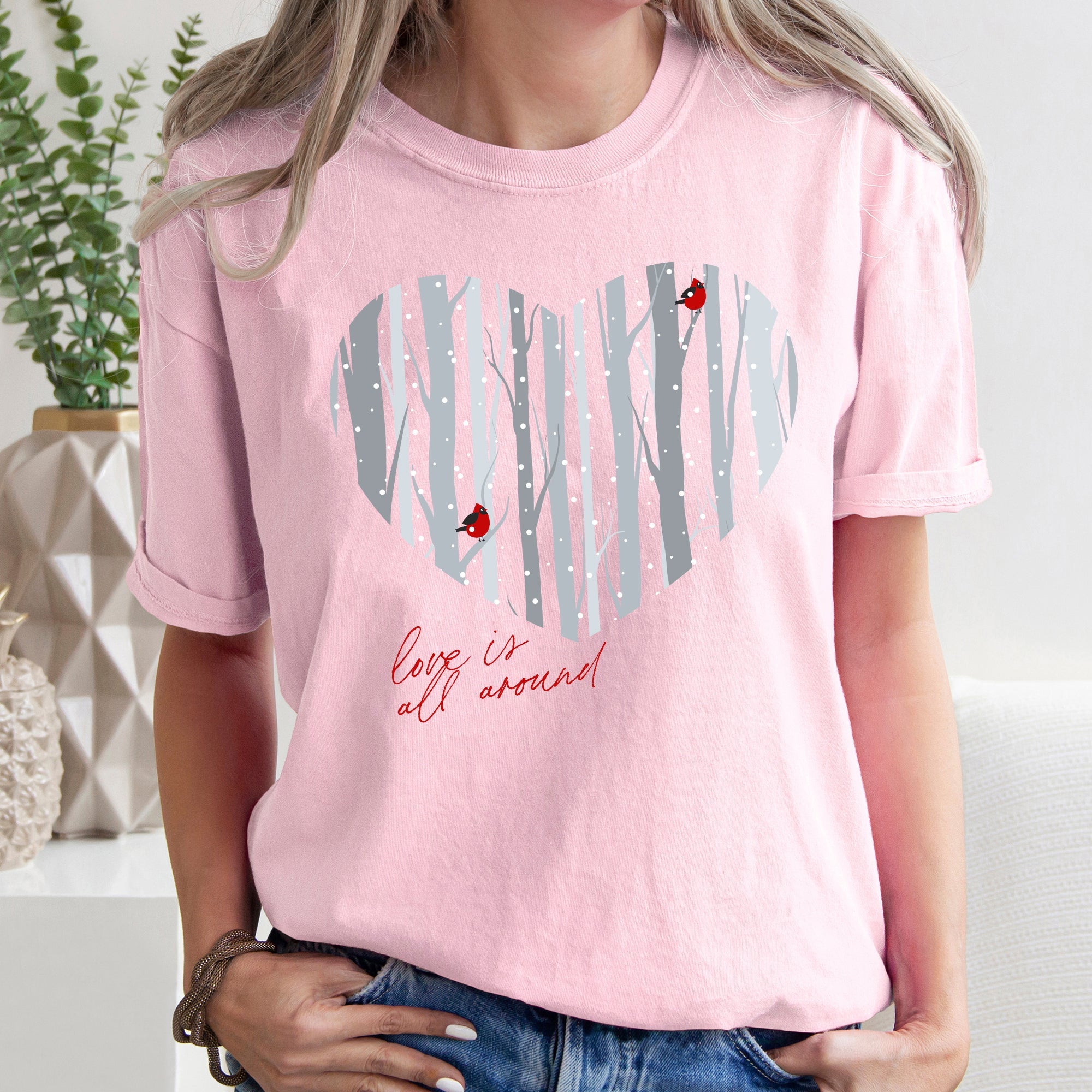Love Is All Around Winter Forest Cardinal Heart Vintage Inspired Comfort Colors Tee