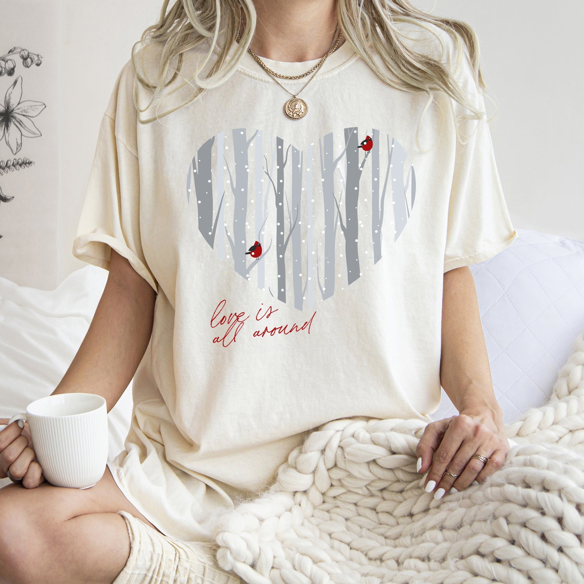 Love Is All Around Winter Forest Cardinal Heart Vintage Inspired Comfort Colors Tee