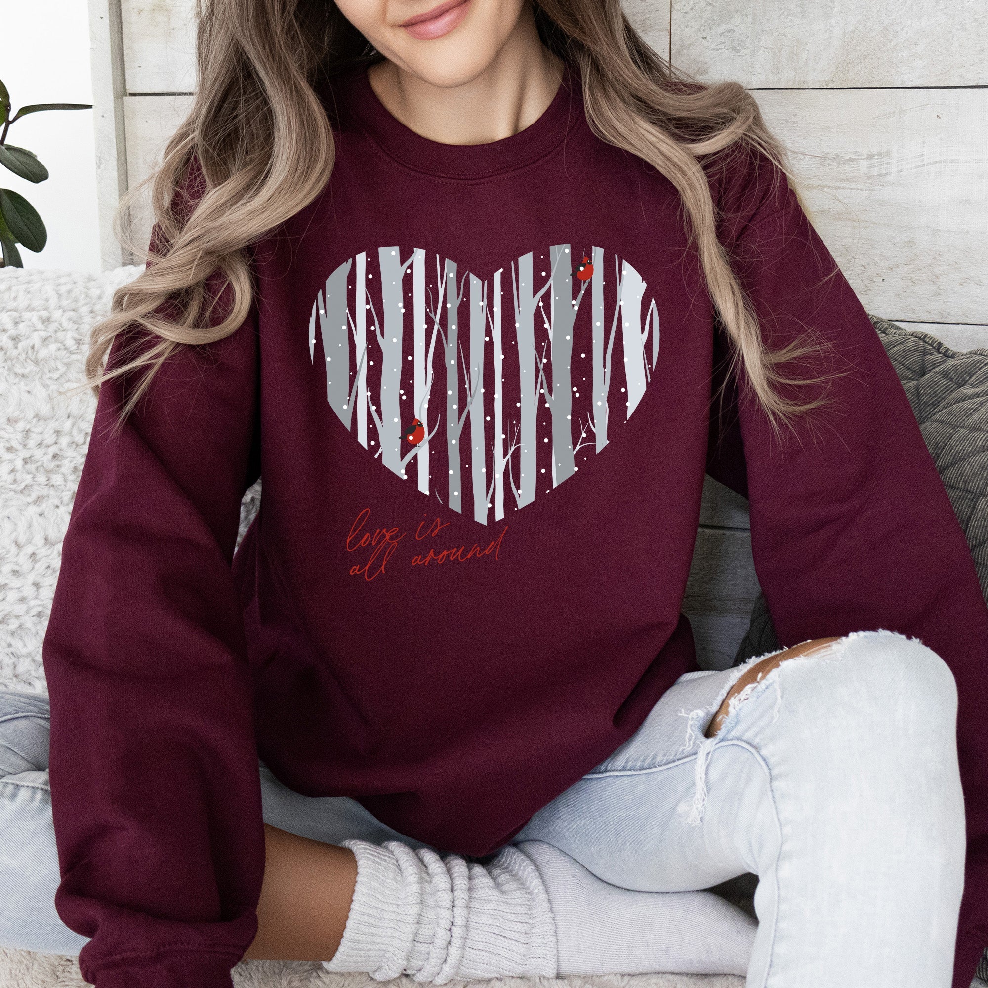 Love Is All Around Winter Forest Cardinal Heart Scene With Snowflakes And Cardinal Birds Sweatshirt