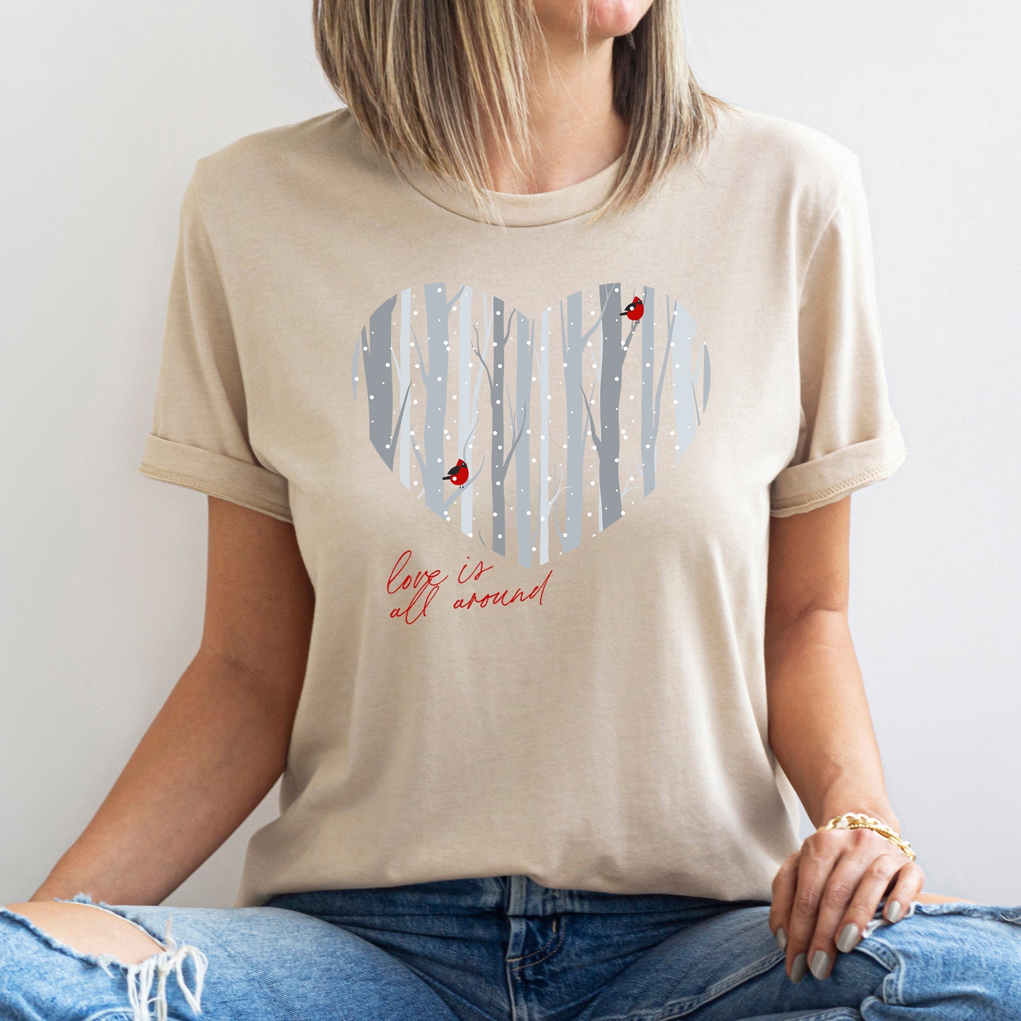 Love Is All Around Winter Forest Cardinal Heart Seasonal Romance Edition Graphic Tee