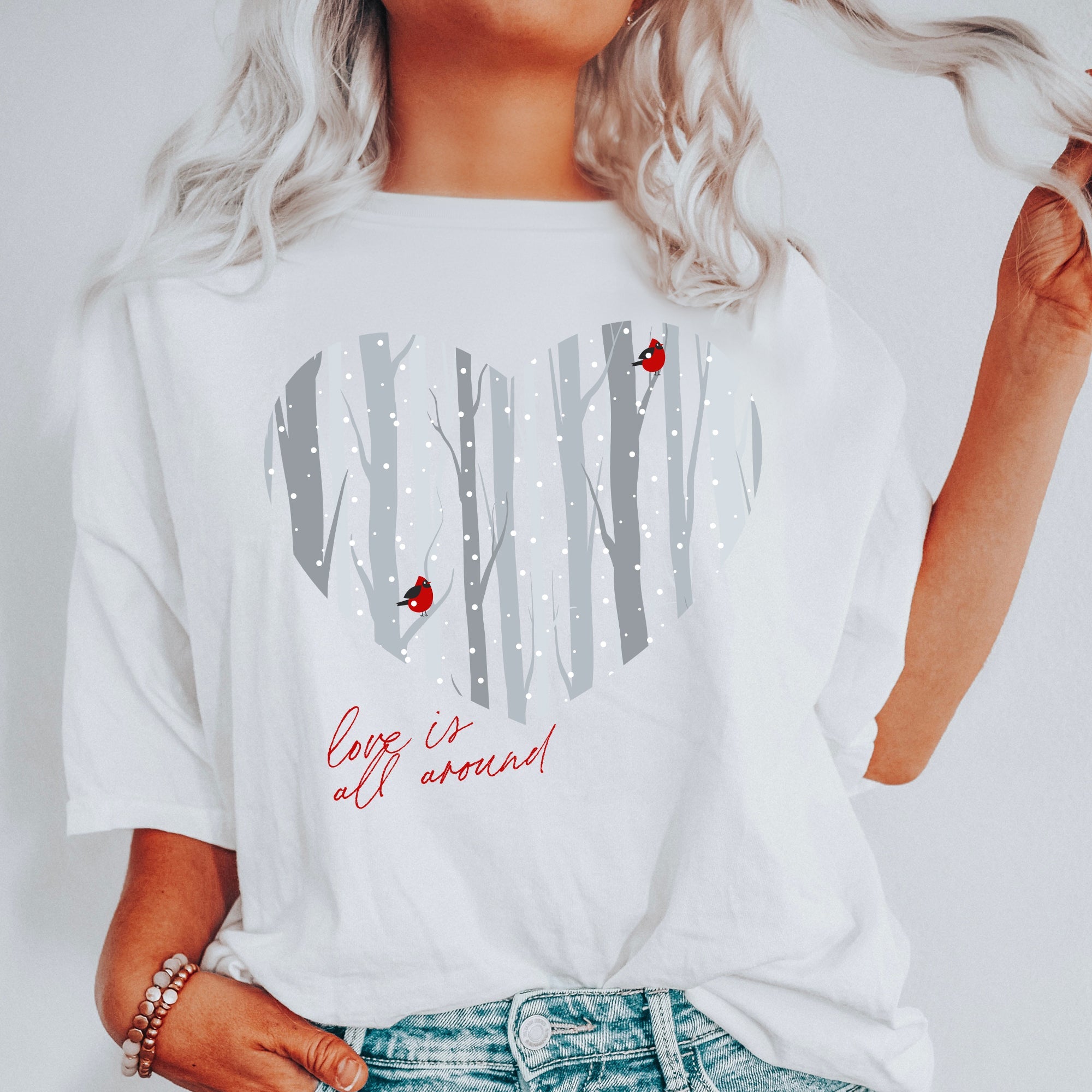 Love Is All Around Winter Forest Cardinal Heart Vintage Inspired Comfort Colors Tee