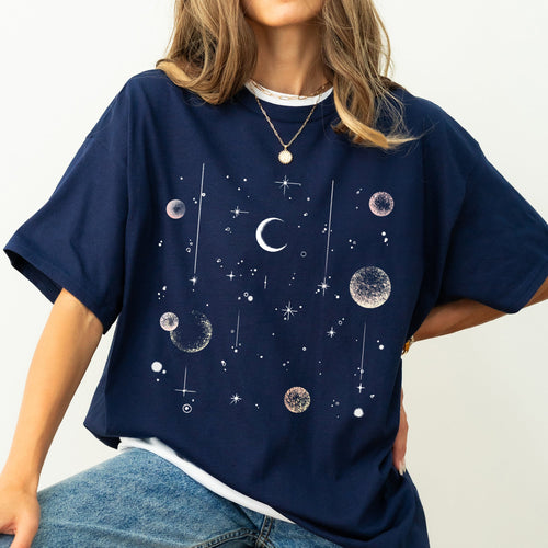 Celestial Moon Phase Astrology Boho Oversized Vintage Subtle Cosmic Print Comfort Colors Tee