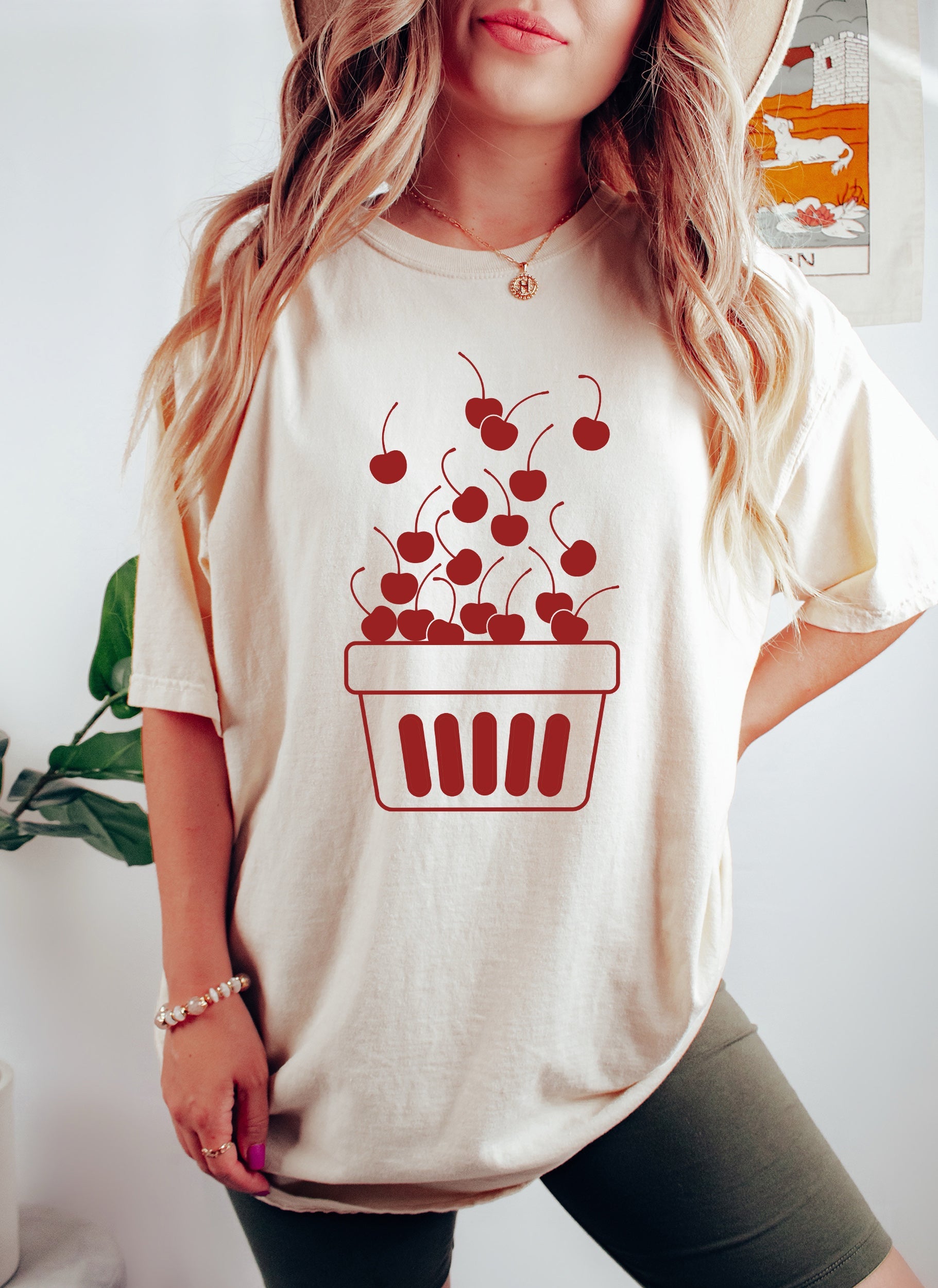Cherries In A Basket Hand Illustrated Vintage Botanical Artwork Print Series Limited Edition Comfort Colors Tee