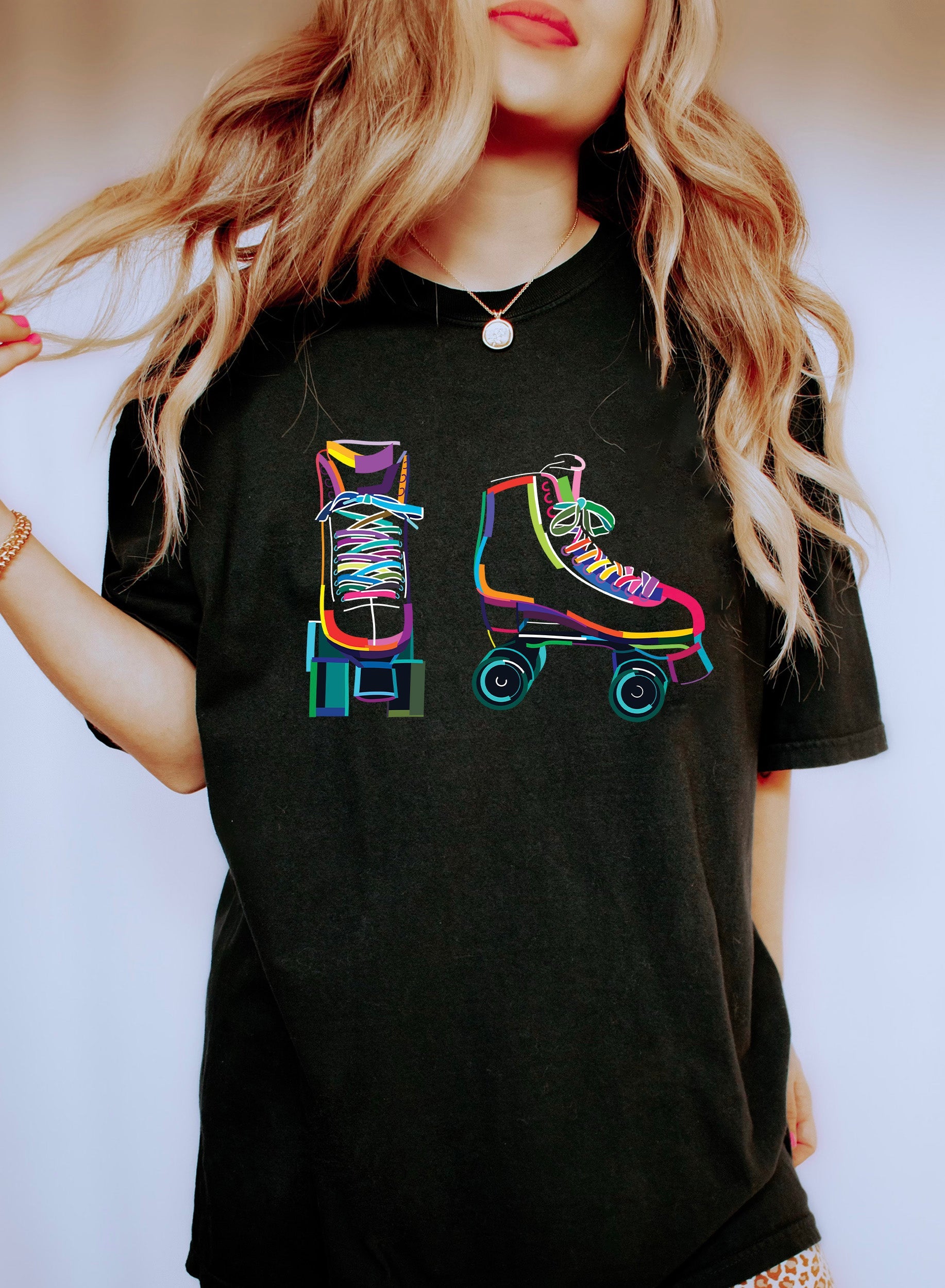 Colored Roller Skates Vintage Neon Graphic Artwork For Skating Enthusiasts Comfort Colors Tee