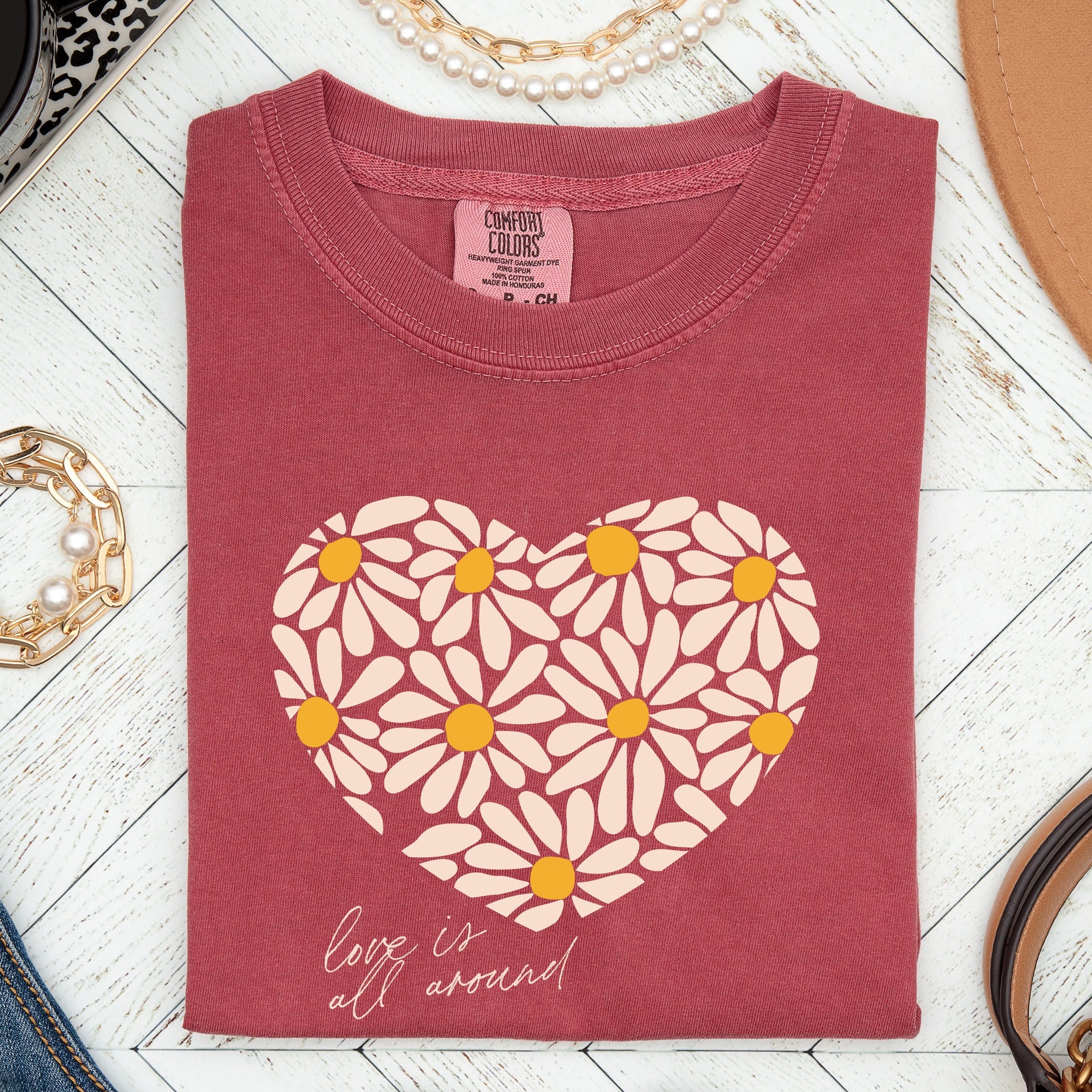Love Is All Around Daisy Heart Floral Valentine's Day Theme Limited Edition Comfort Colors Tee