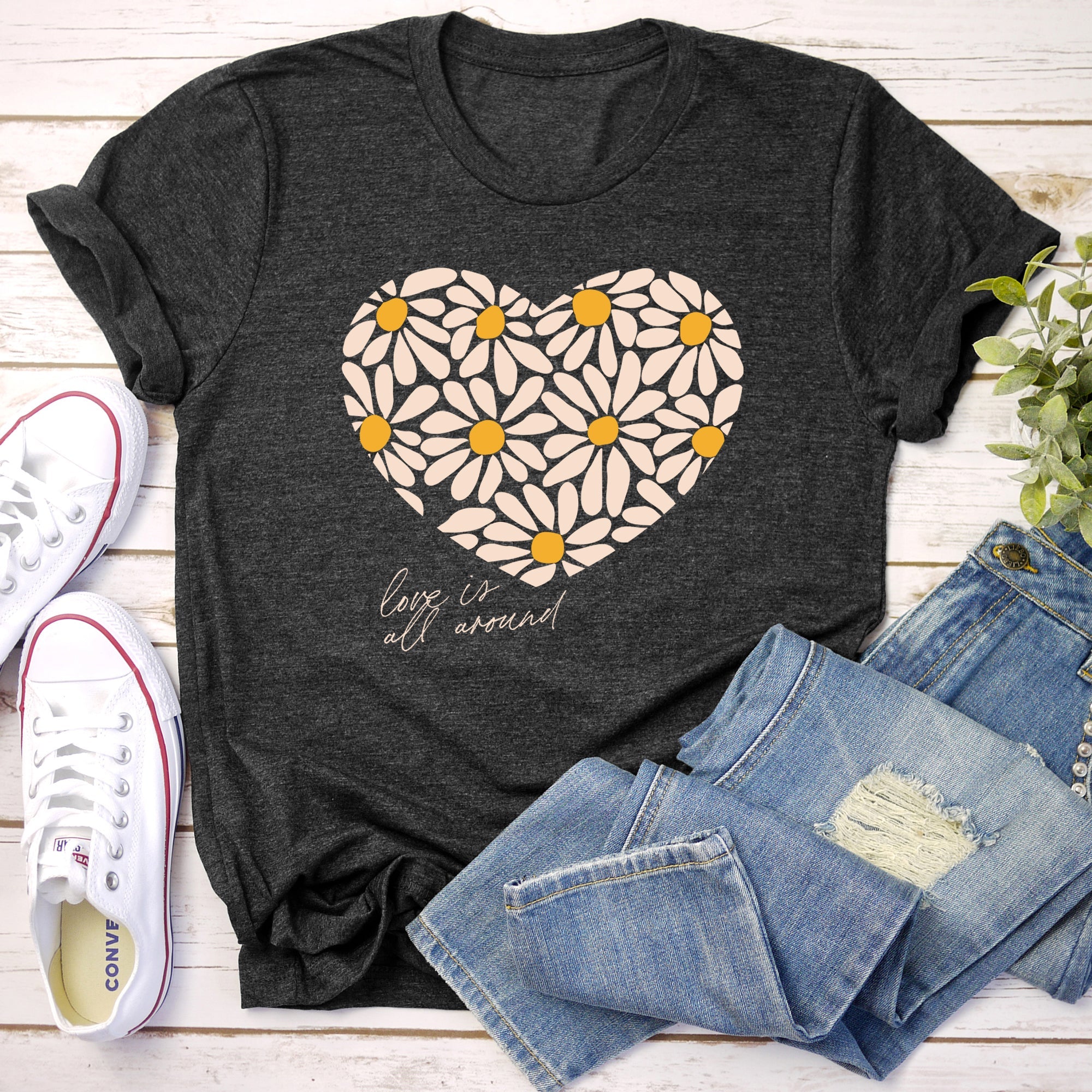 Love Is All Around Daisy Heart Floral Bouquet Vintage Valentine Design Graphic Tee