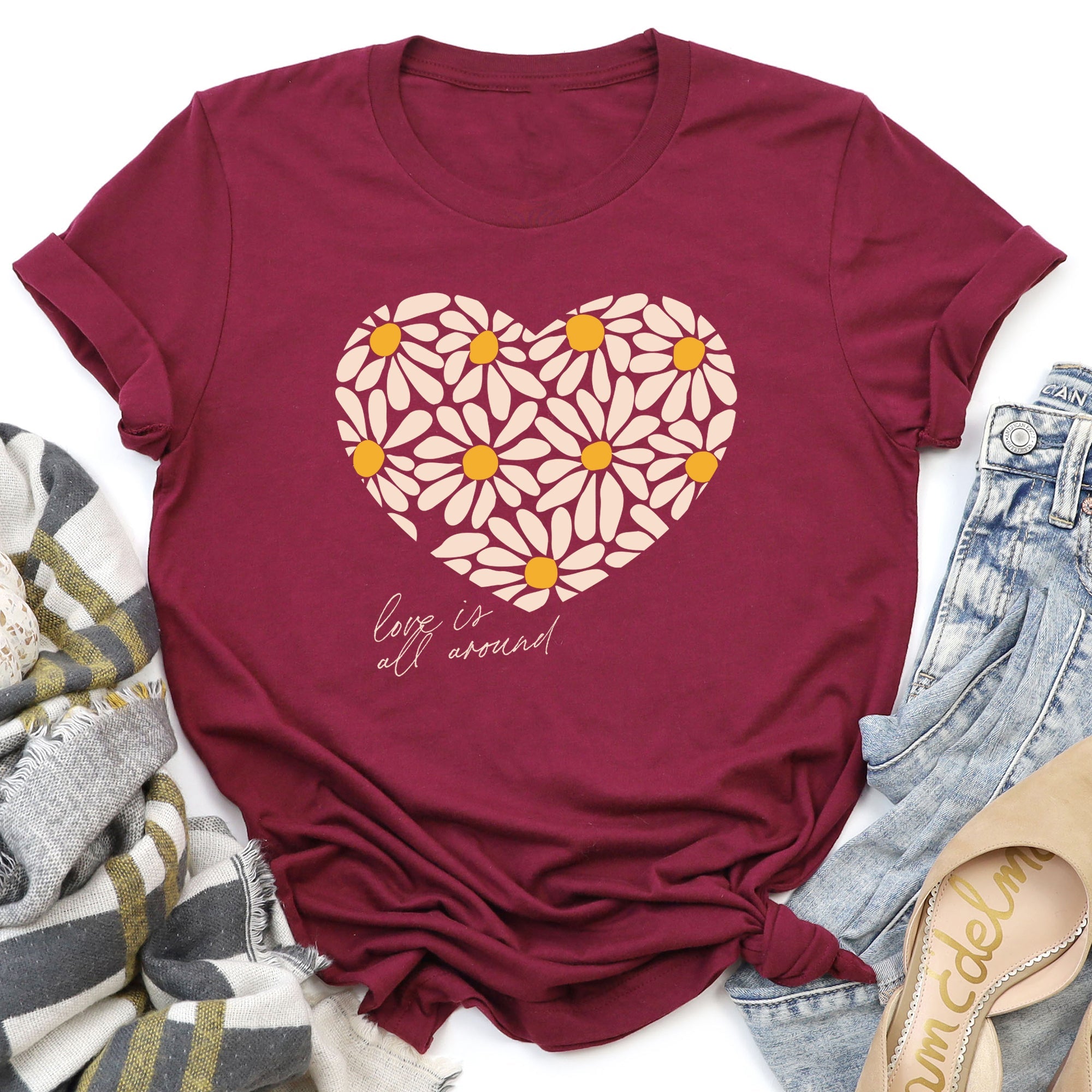 Love Is All Around Daisy Heart Floral Bouquet Vintage Valentine Design Graphic Tee
