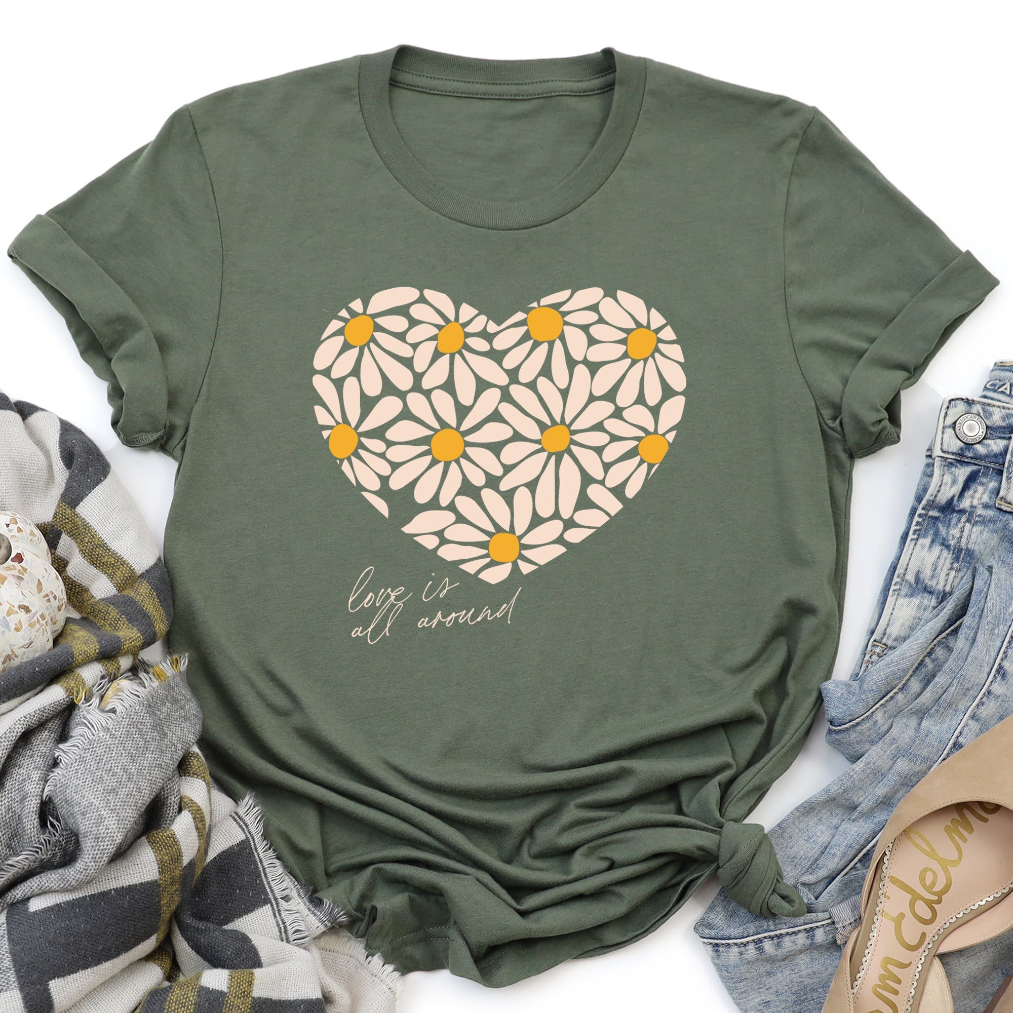 Love Is All Around Daisy Heart Floral Bouquet Vintage Valentine Design Graphic Tee