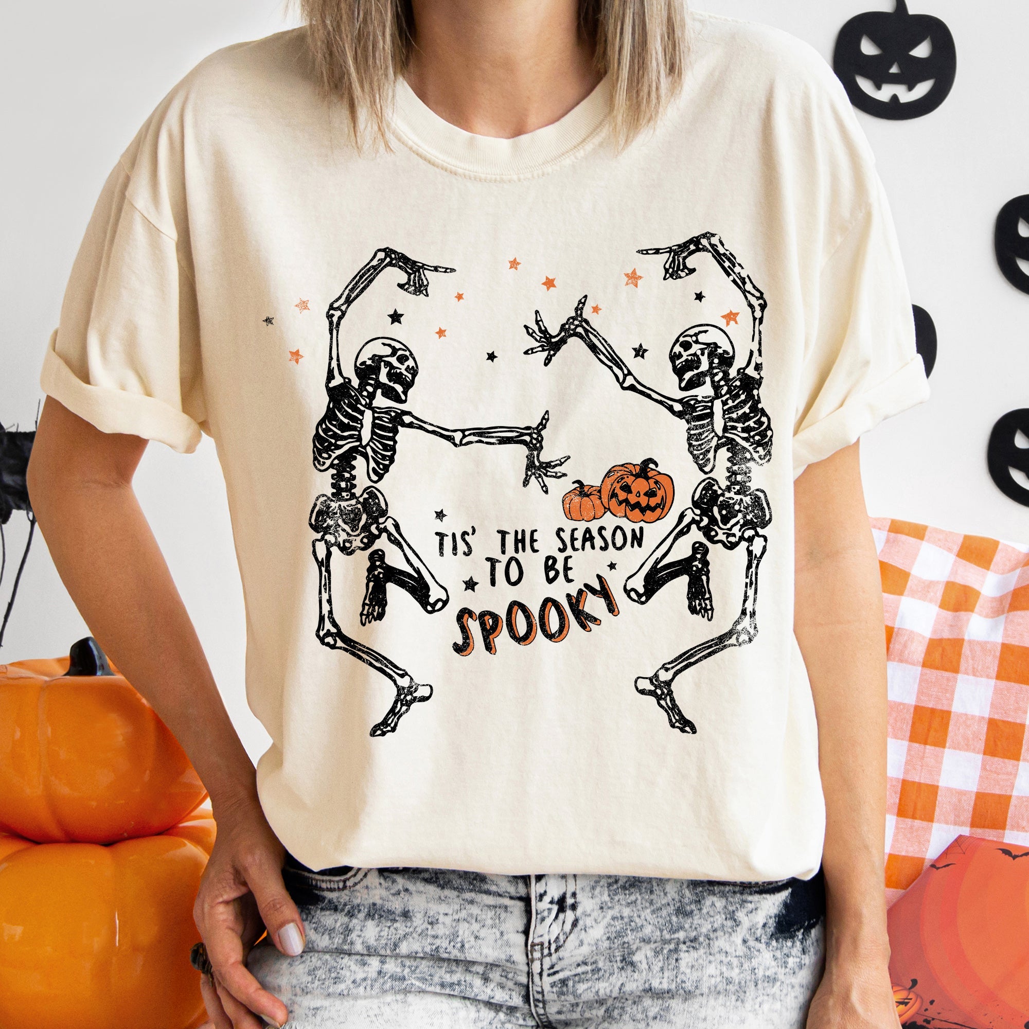 Dancing Skeletons Vintage Halloween Graphic Artwork For Seasonal Style And Spooky Everyday Wear Comfort Colors Tee