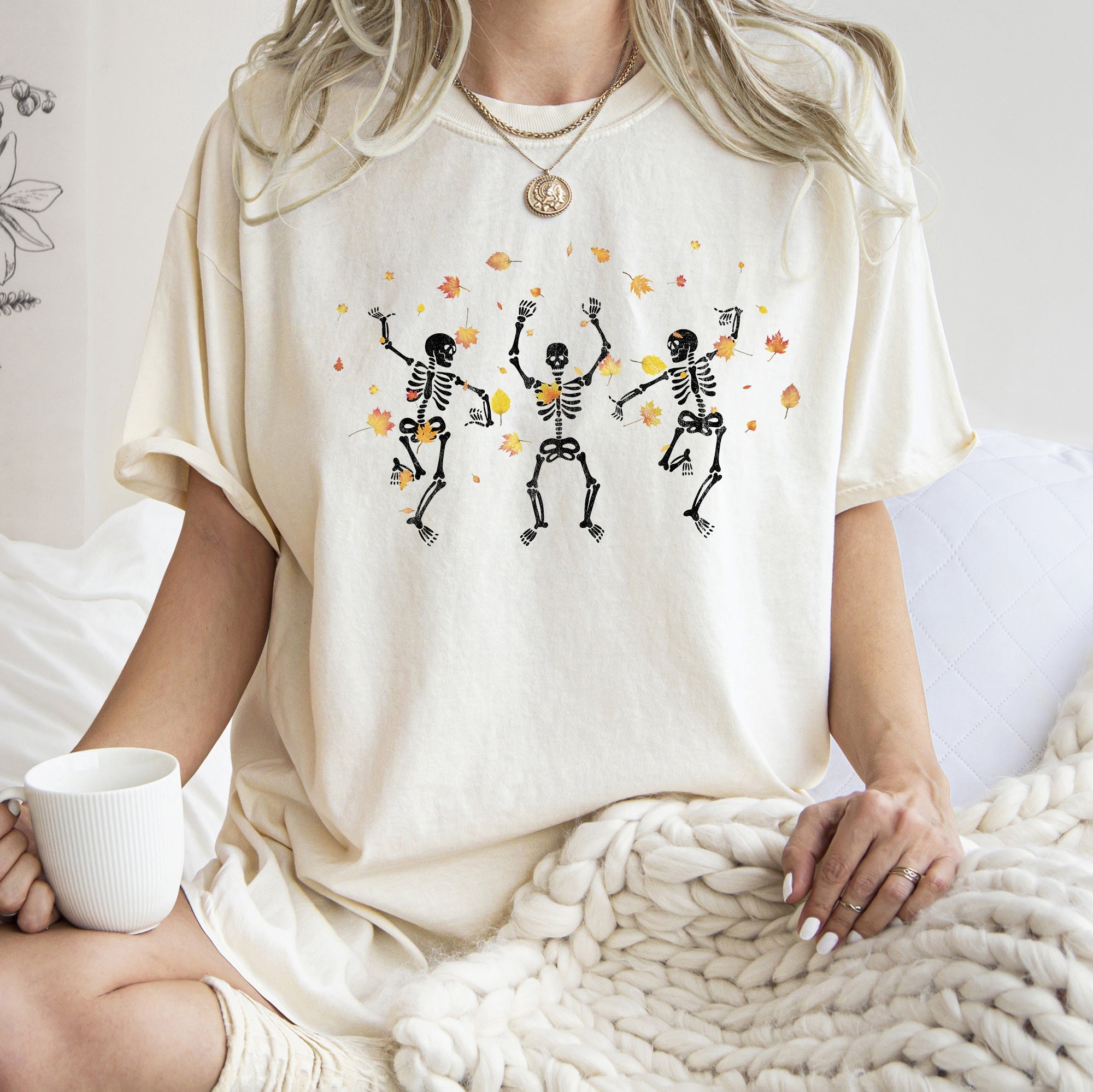 Dancing Skeletons And Leaves Retro Halloween Vintage Seasonal Collection Comfort Colors Tee