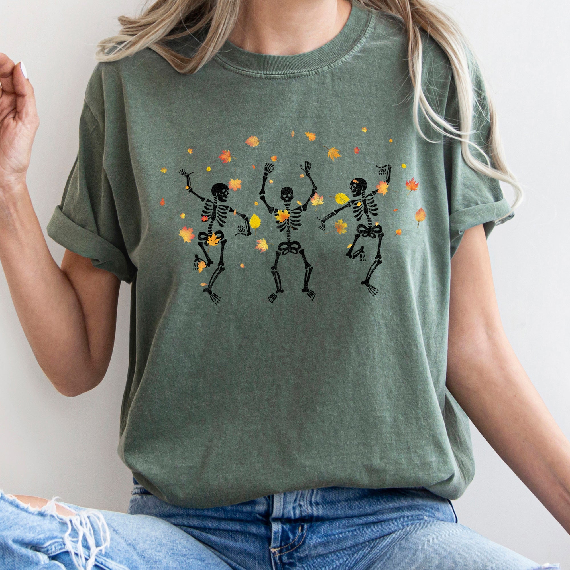 Dancing Skeletons And Leaves Retro Halloween Vintage Seasonal Collection Comfort Colors Tee