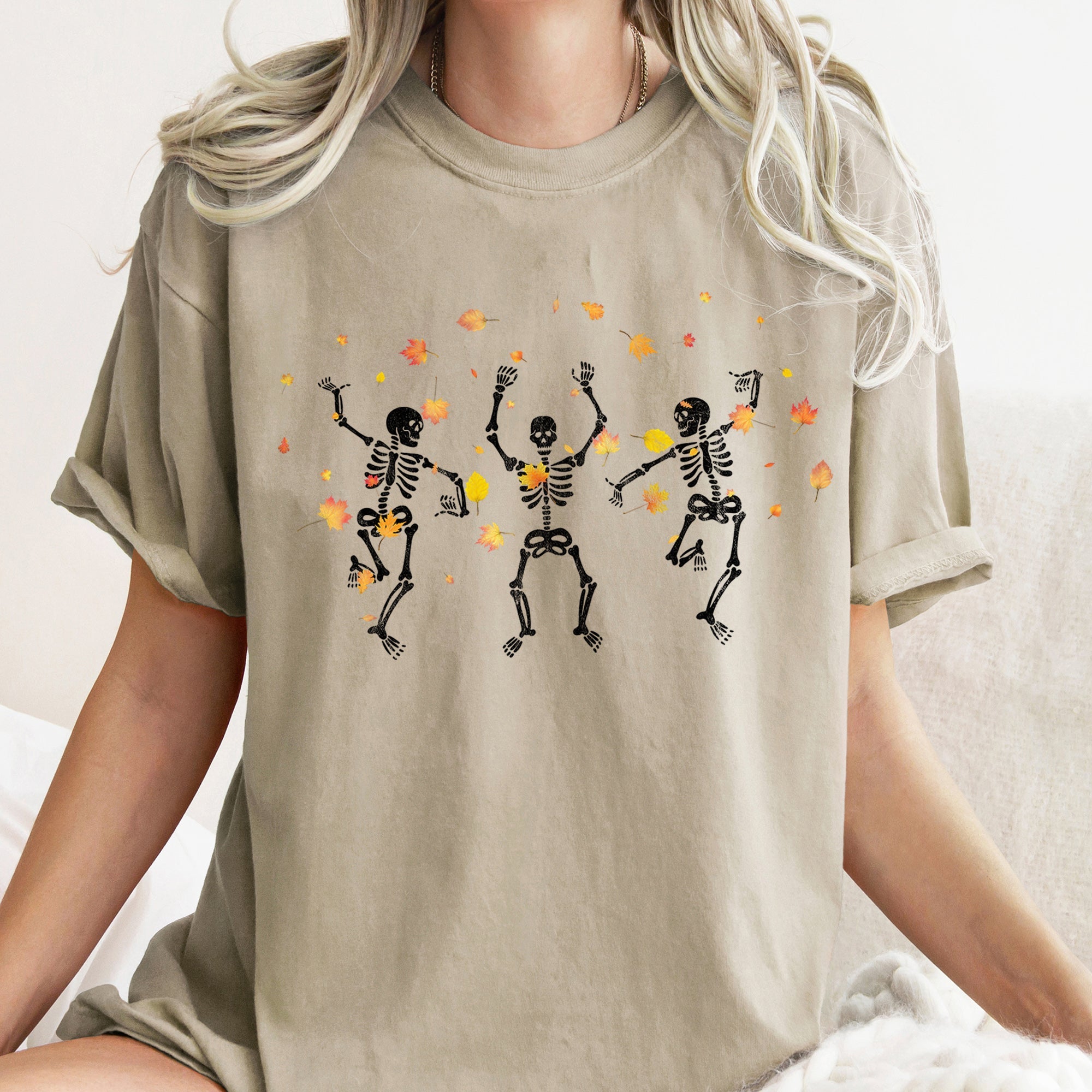 Dancing Skeletons And Leaves Retro Halloween Vintage Seasonal Collection Comfort Colors Tee
