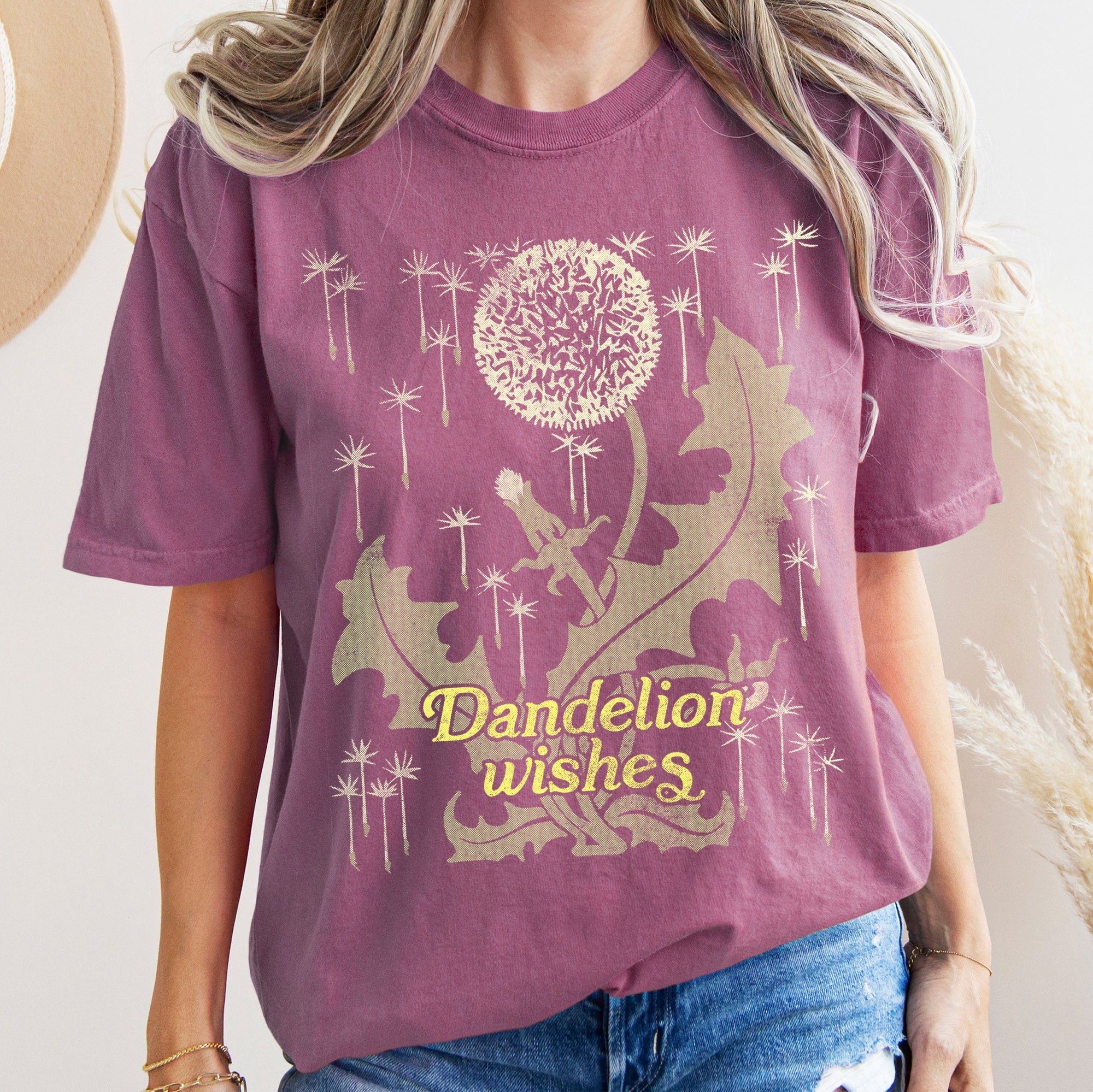 Dandelion Wishes Vintage Field Print Hand Drawn Dandelion Artwork Inspired Nature Scene Comfort Colors Tee