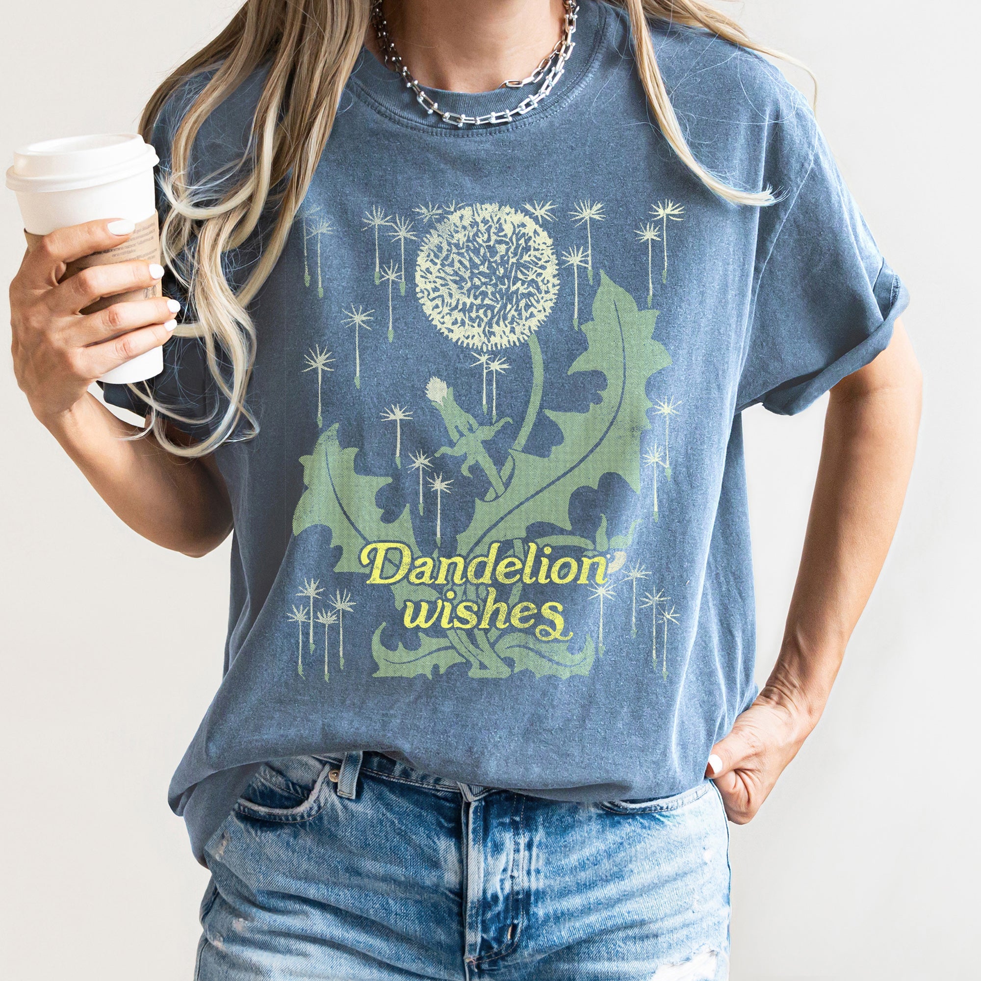 Dandelion Wishes Vintage Field Print Hand Drawn Dandelion Artwork Inspired Nature Scene Comfort Colors Tee