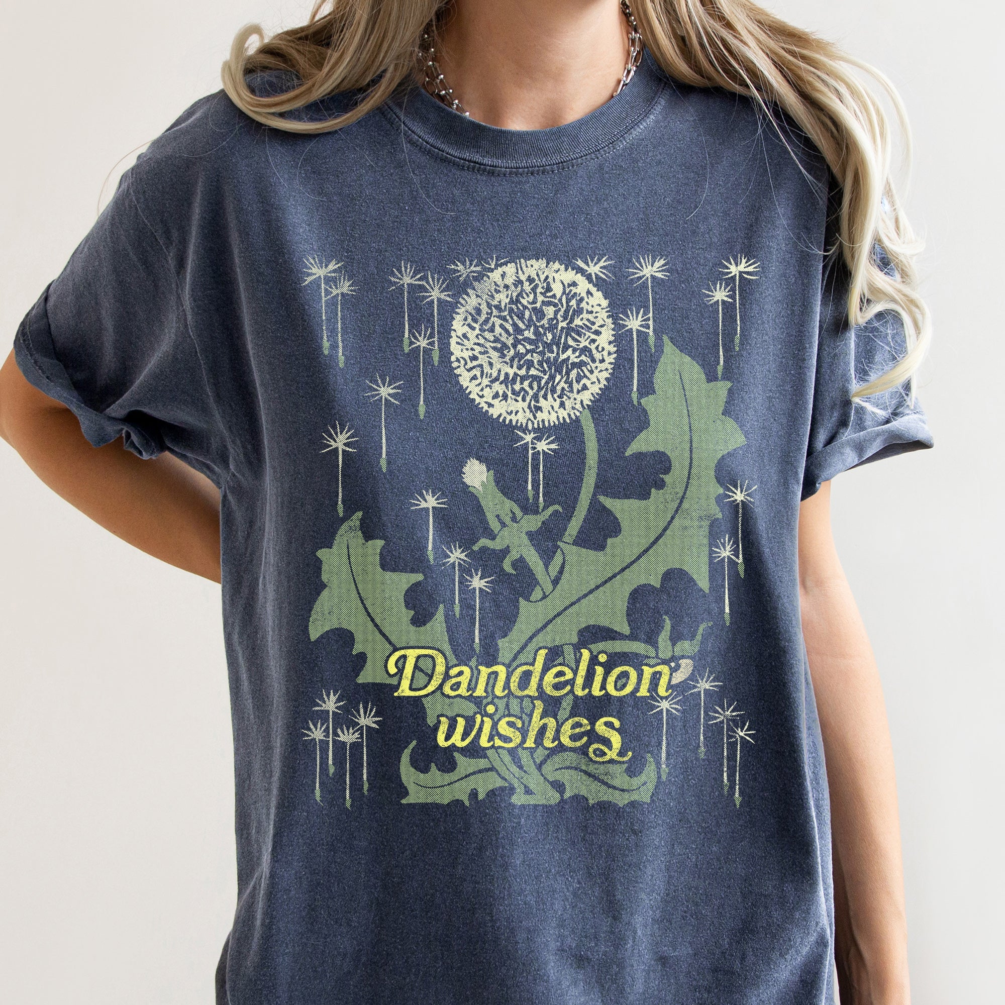 Dandelion Wishes Vintage Field Print Hand Drawn Dandelion Artwork Inspired Nature Scene Comfort Colors Tee