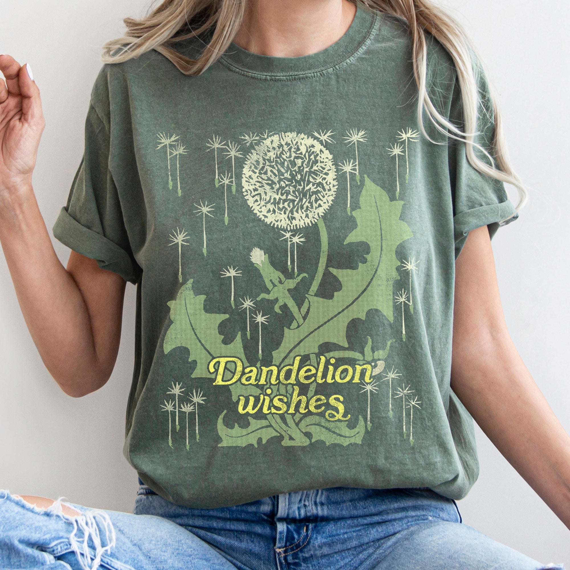 Dandelion Wishes Vintage Field Print Hand Drawn Dandelion Artwork Inspired Nature Scene Comfort Colors Tee