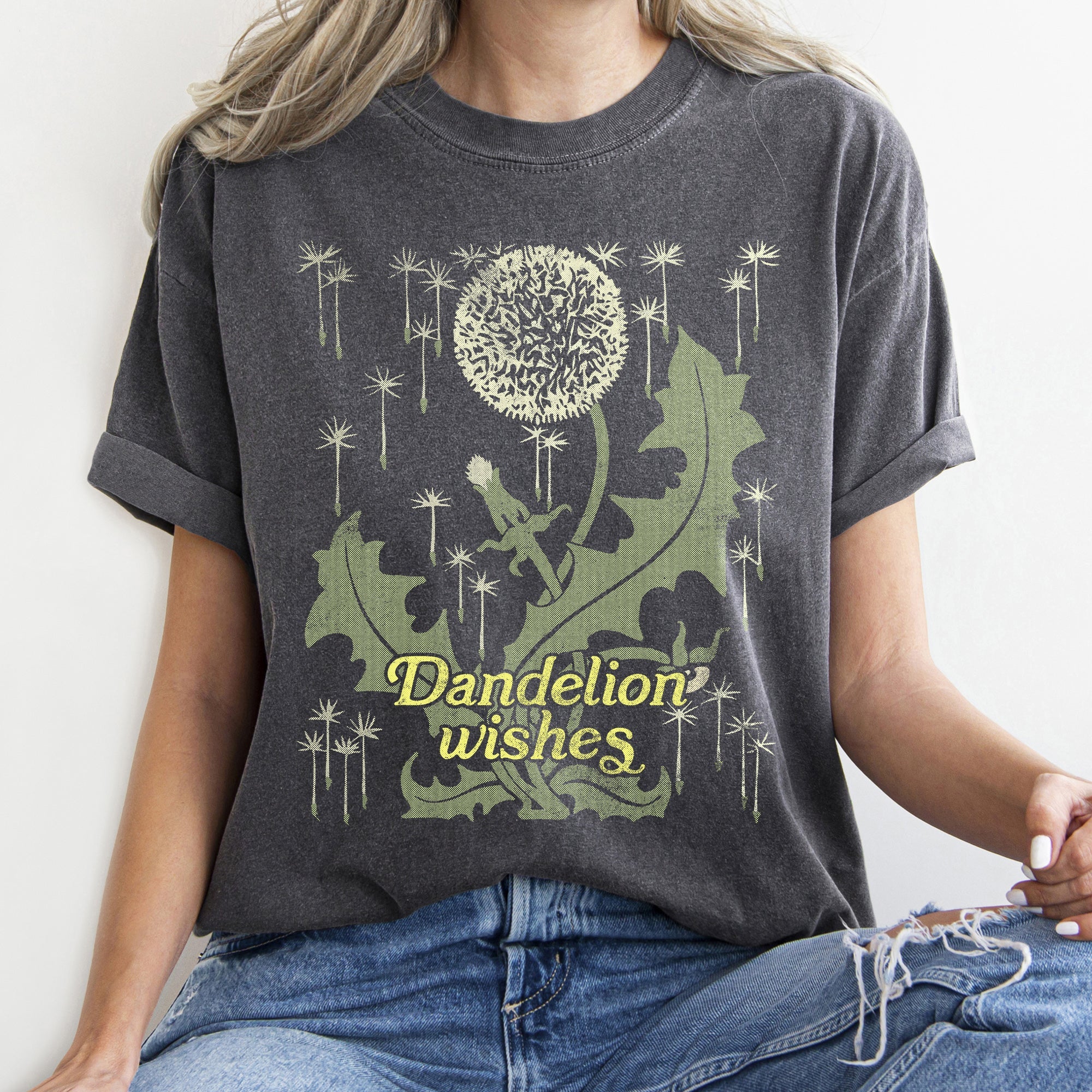 Dandelion Wishes Vintage Field Print Hand Drawn Dandelion Artwork Inspired Nature Scene Comfort Colors Tee