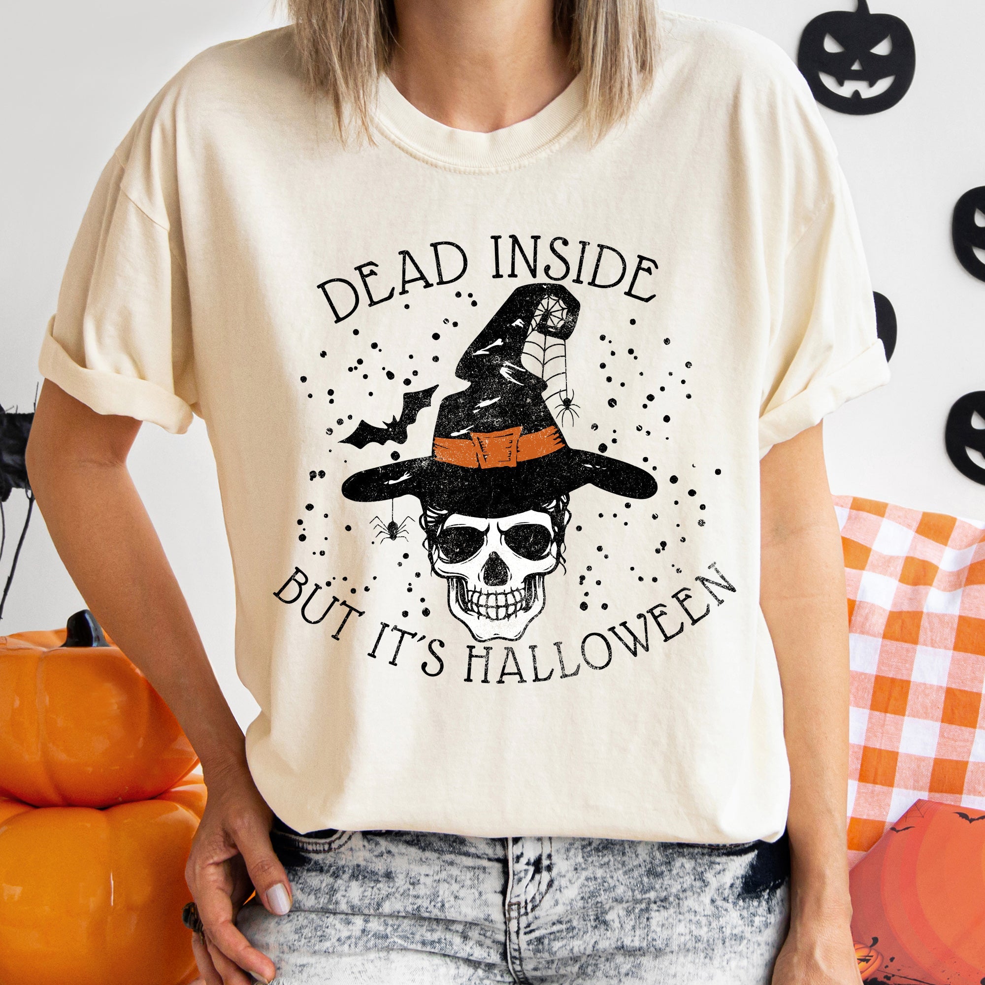 Dead Inside Skull Halloween Night Creature Vintage Distressed Skull Art Illustration Comfort Colors Tee