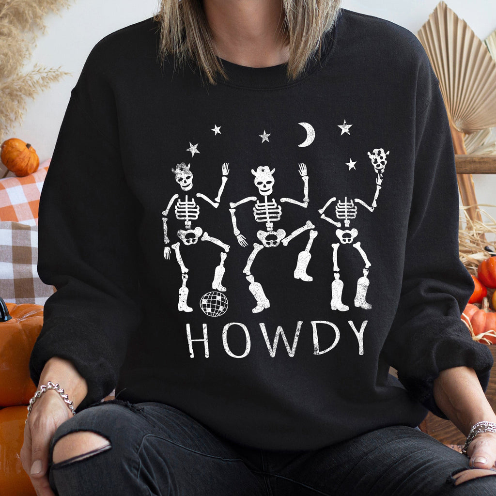 Howdy Skeletons Vintage Halloween Night Parade Spooky Western Graphic Sweatshirt