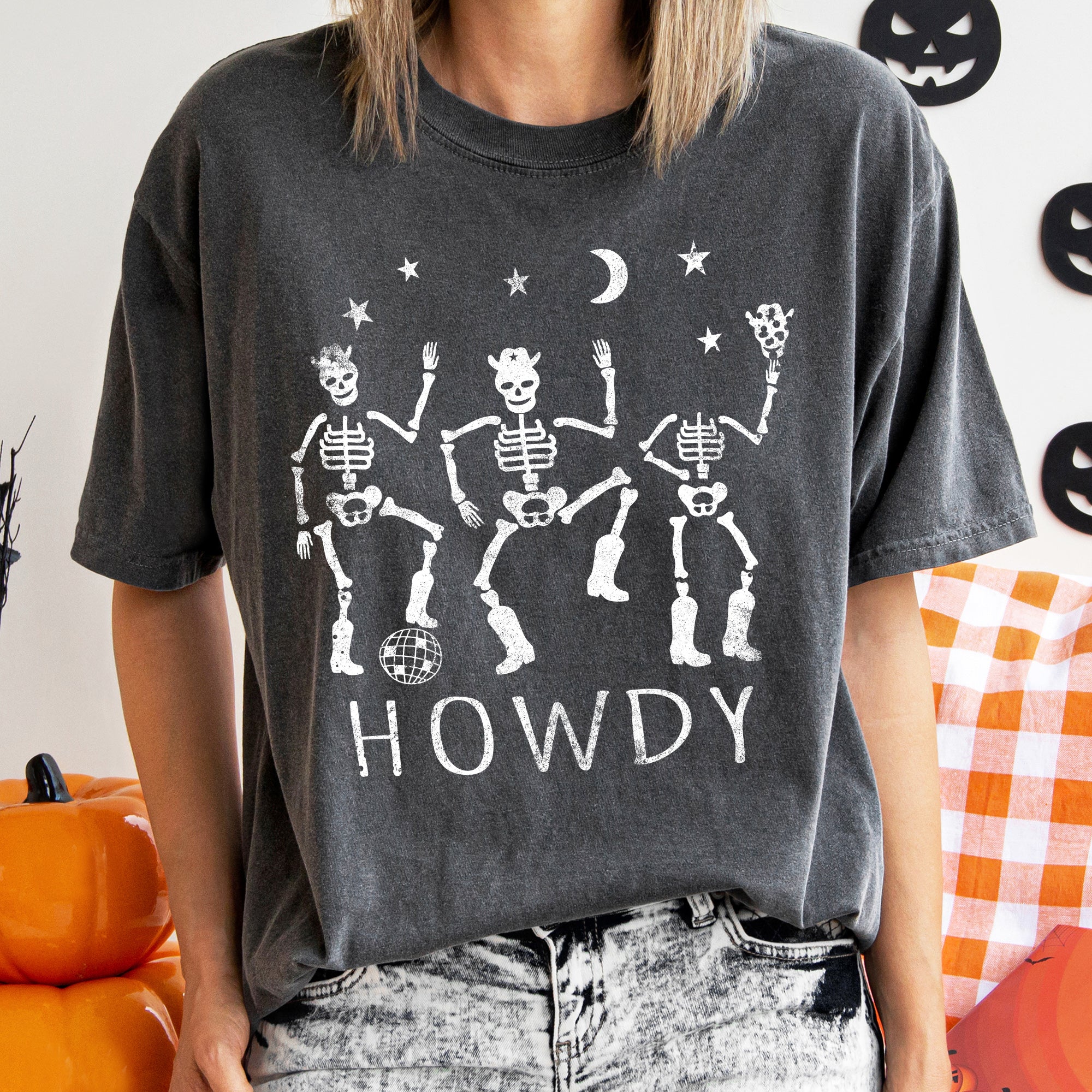 Howdy Skeletons Vintage Halloween Haunting Night Mischief Parade Edition Comfort Colors Tee