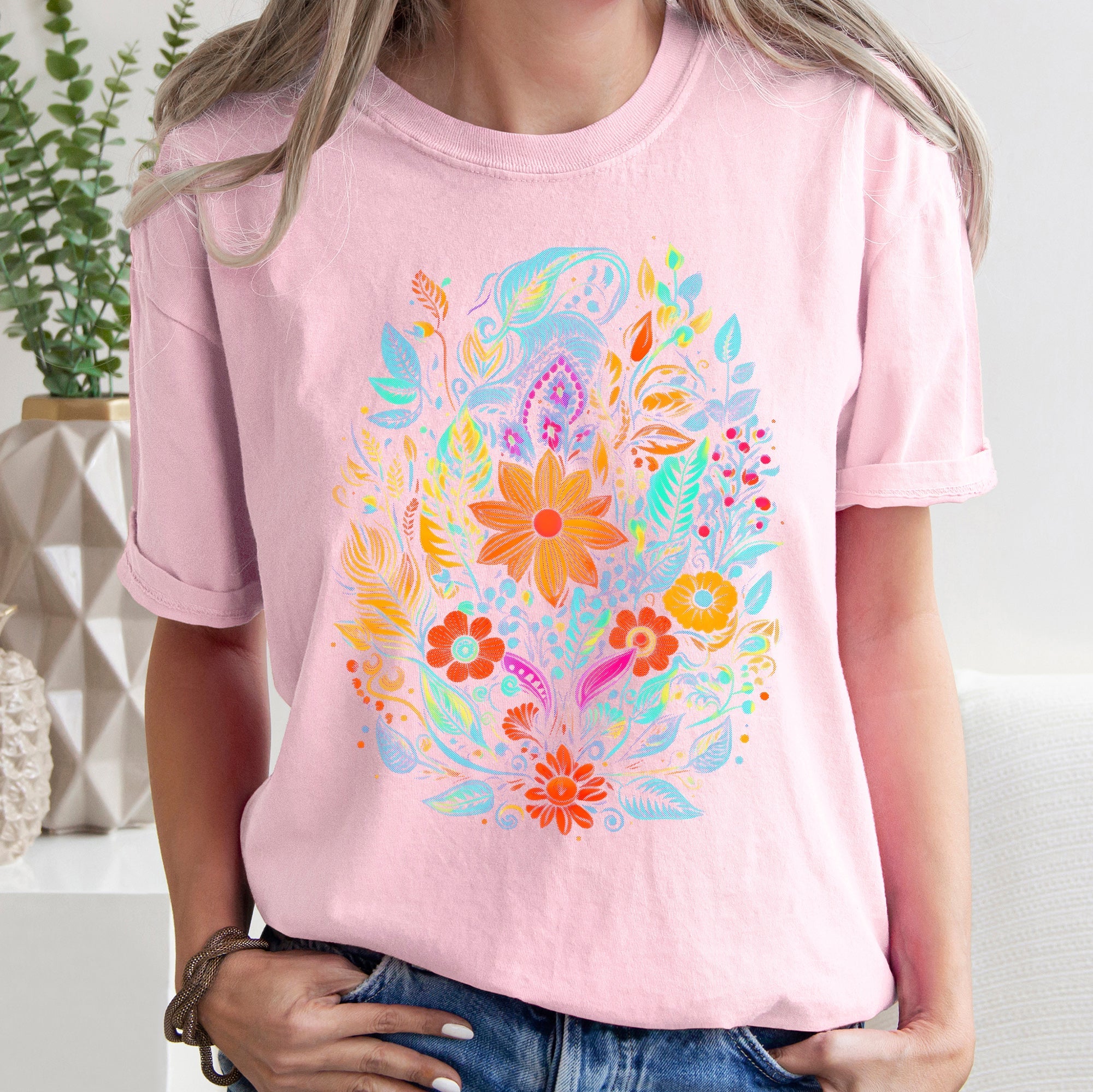 Floral Festival Vintage Boho Blossom Garden Print With Delicate Petals And Sunlit Colors Comfort Colors Tee