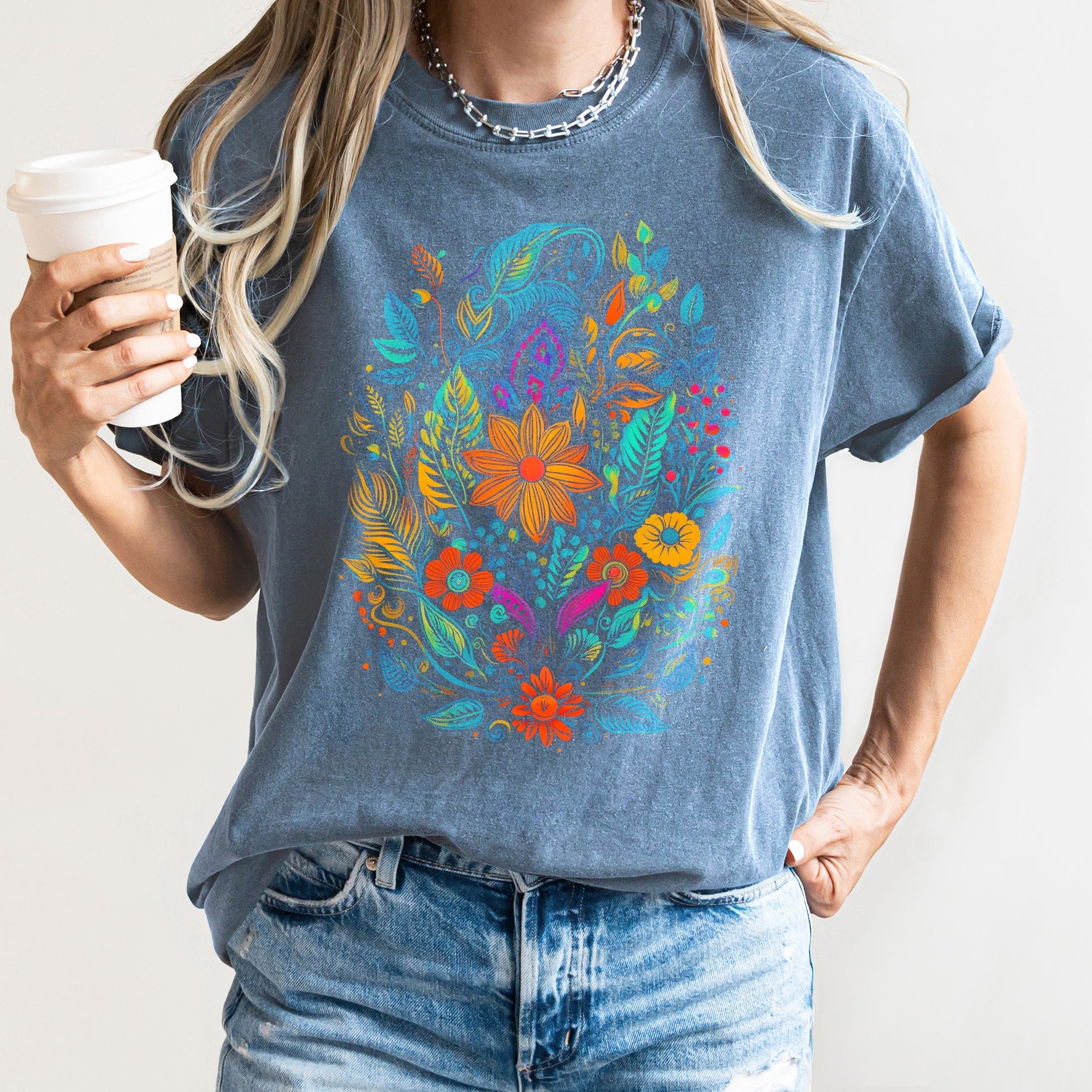 Floral Festival Vintage Boho Blossom Garden Print With Delicate Petals And Sunlit Colors Comfort Colors Tee