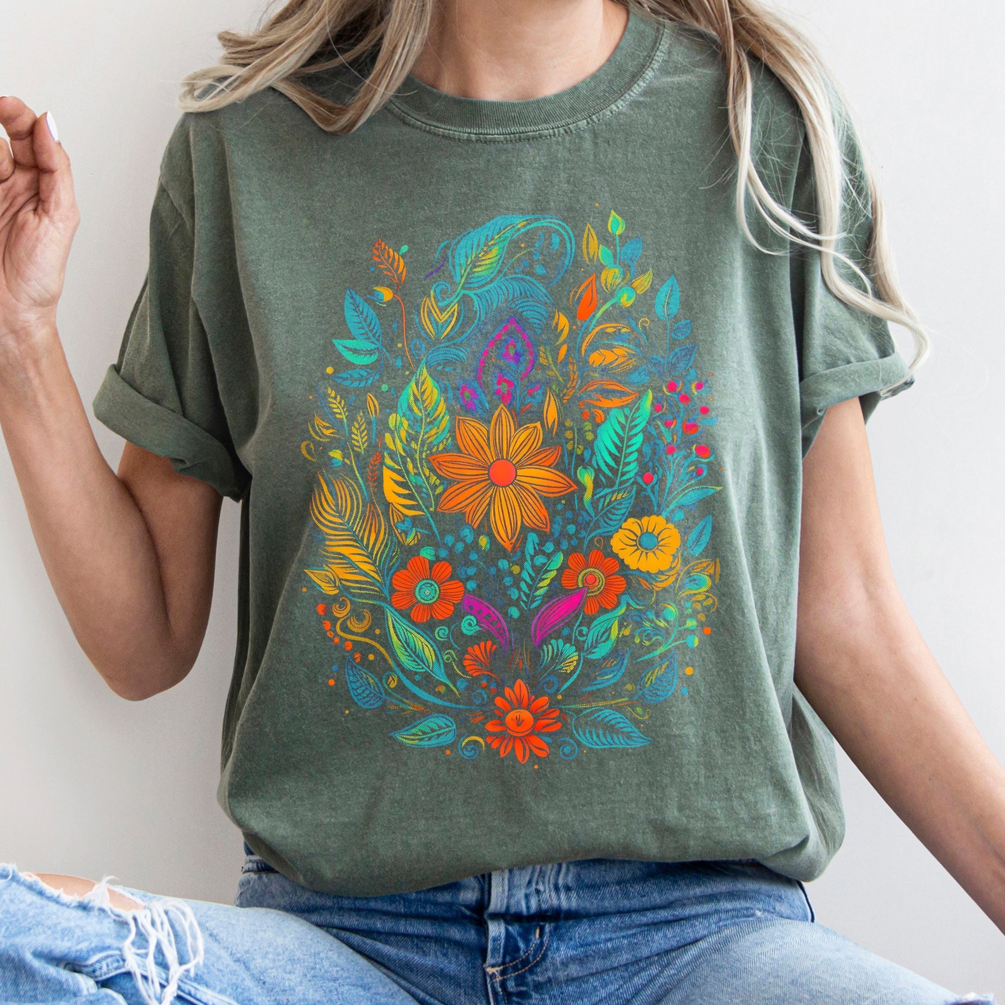 Floral Festival Vintage Boho Blossom Garden Print With Delicate Petals And Sunlit Colors Comfort Colors Tee