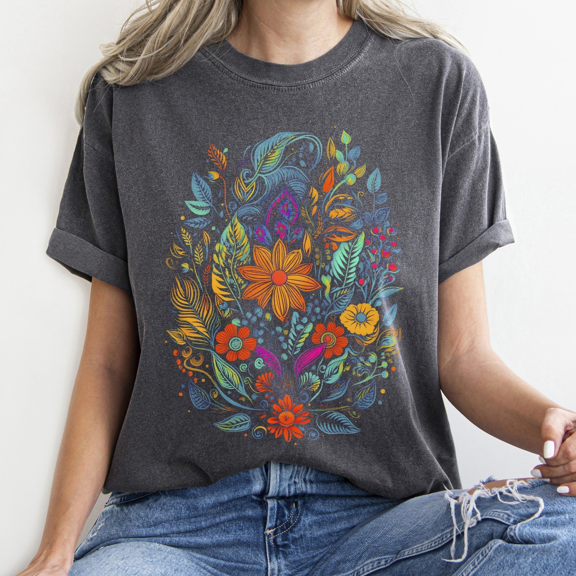 Floral Festival Vintage Boho Blossom Garden Print With Delicate Petals And Sunlit Colors Comfort Colors Tee