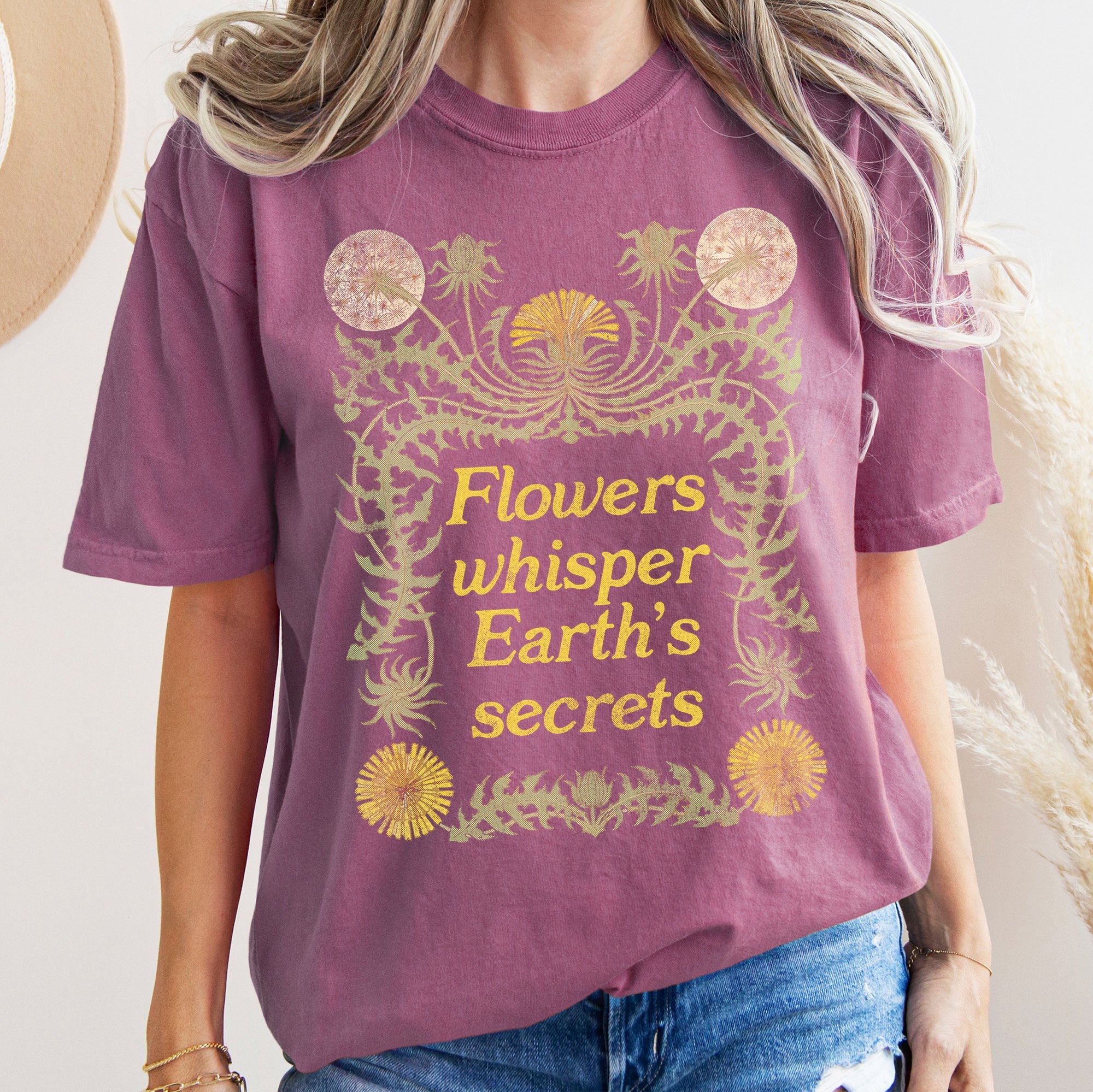 Flowers Whisper Vintage Botanical Floral Artwork With Delicate Script Typeface Comfort Colors Tee
